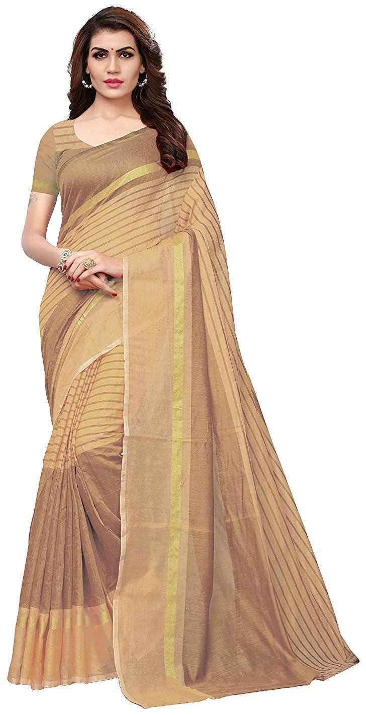 

Yeoja Creation Beige Striped Chanderi Designer Saree Ready Pleated Saree With Blouse With blouse