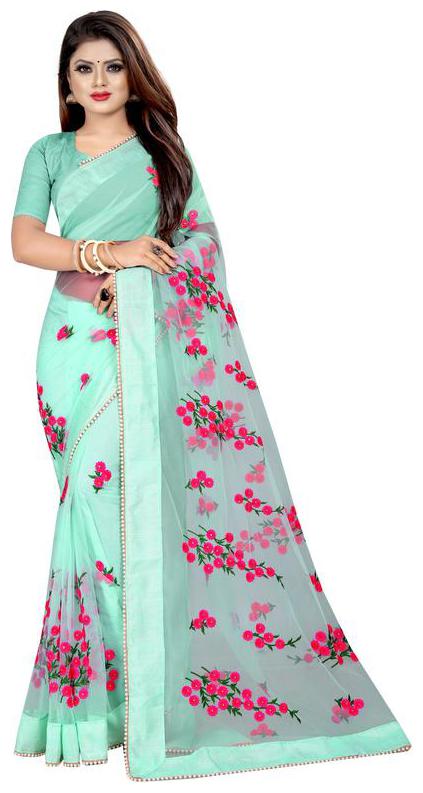 

Yeoja Creation Green Floral Tussar Designer Saree With Blouse With blouse