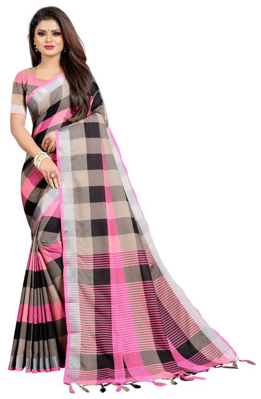 

Yeoja Creation Pink Checkered Chanderi Designer Saree With Blouse With blouse