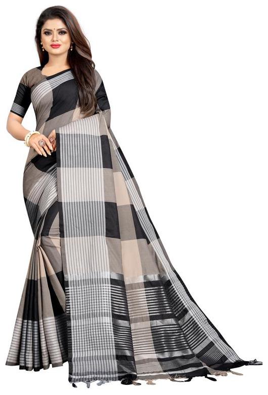 

Yeoja Creation Black Checkered Chanderi Designer Saree With Blouse With blouse