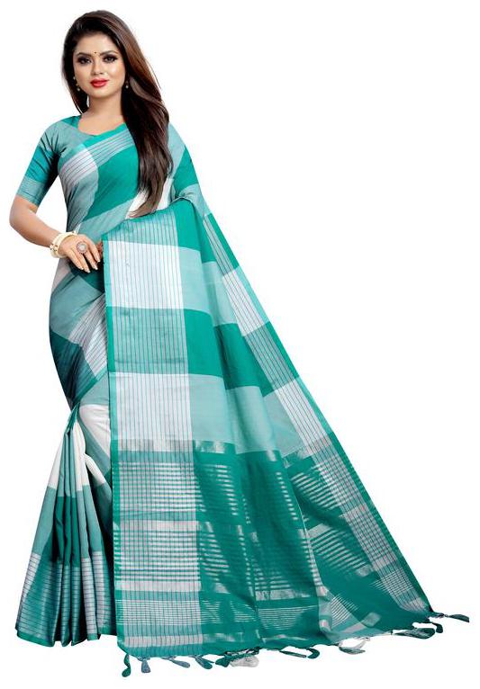 

Yeoja Creation Green Checkered Chanderi Designer Saree With Blouse With blouse