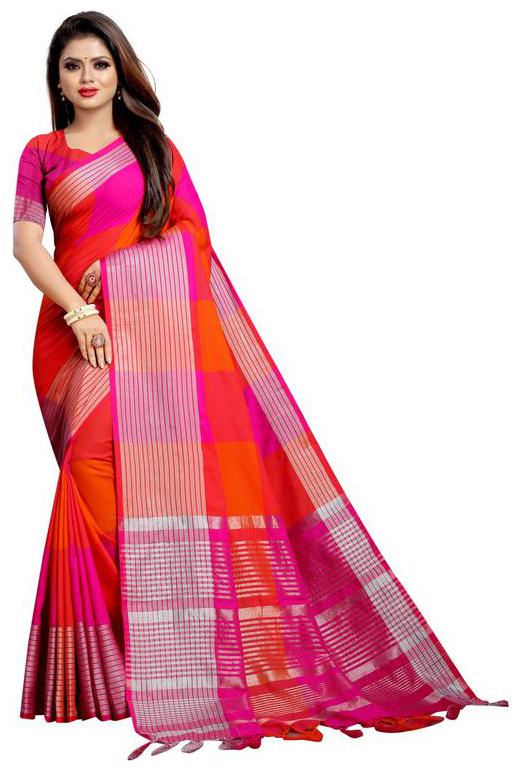 

Yeoja Creation Pink Orange Checkered Chanderi Regular Saree With Blouse With blouse