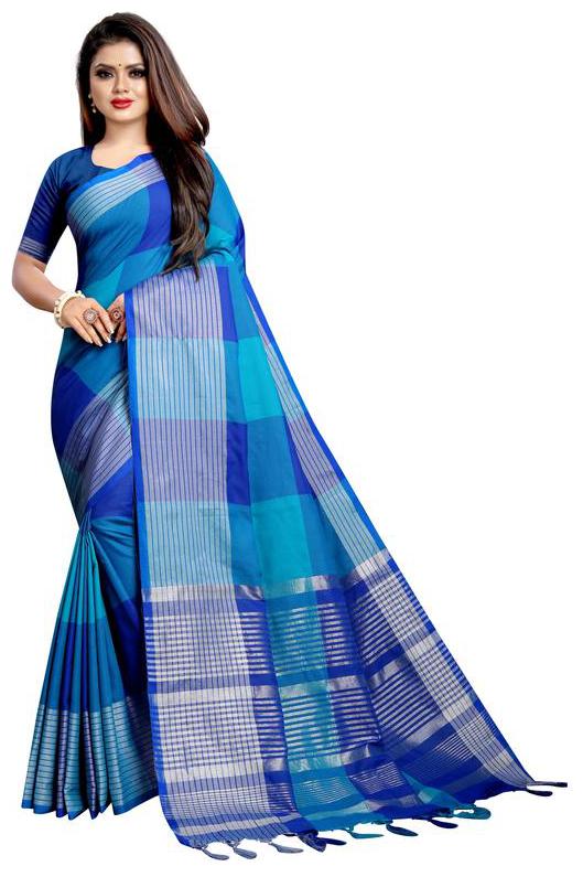 

Yeoja Creation Blue Checkered Chanderi Regular Saree With Blouse With blouse