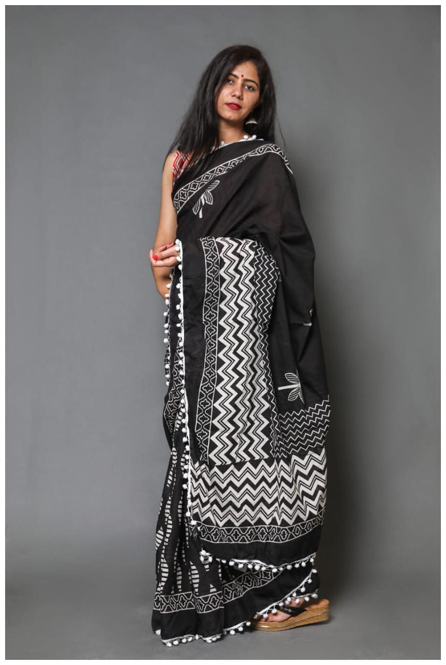 

Yogine Women Cotton Black Designer Saree With Blouse