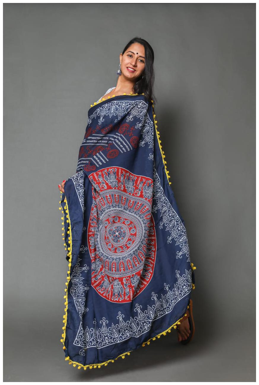 

Yogine Women Cotton Blue Designer Saree With Blouse
