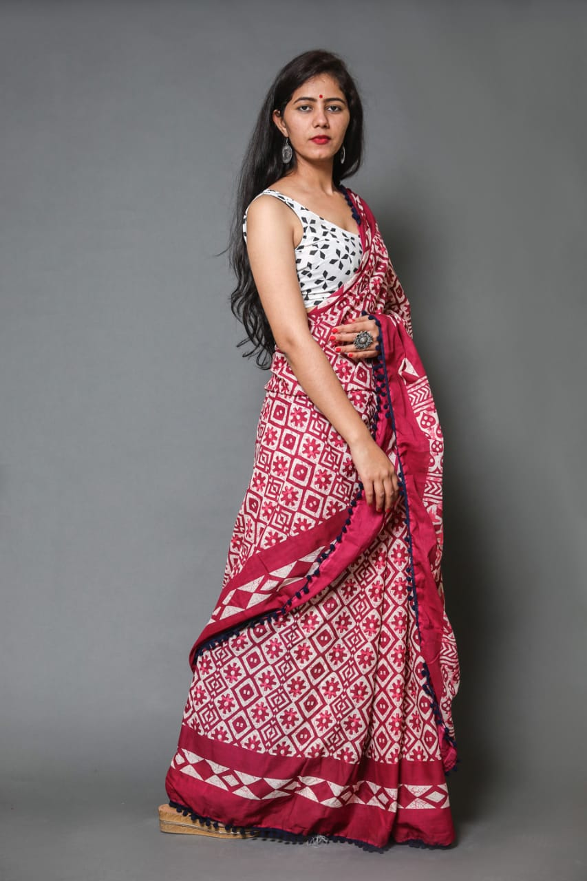 

Yogine Women Cotton Red Designer Saree With Blouse