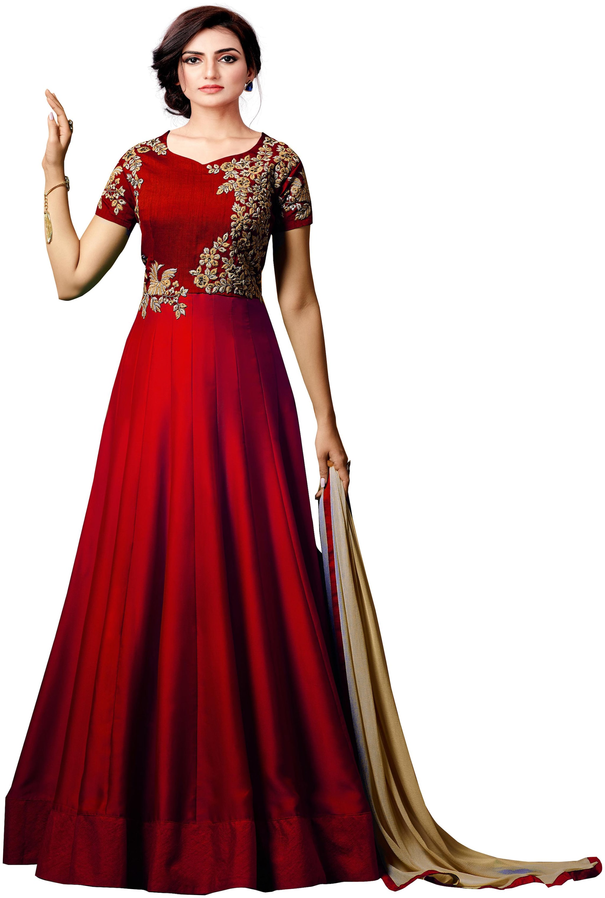 

YOYO Fashion Paper Silk Red Embroidered Anarkali Semi-Stitched Salwar Suits With Dupatta