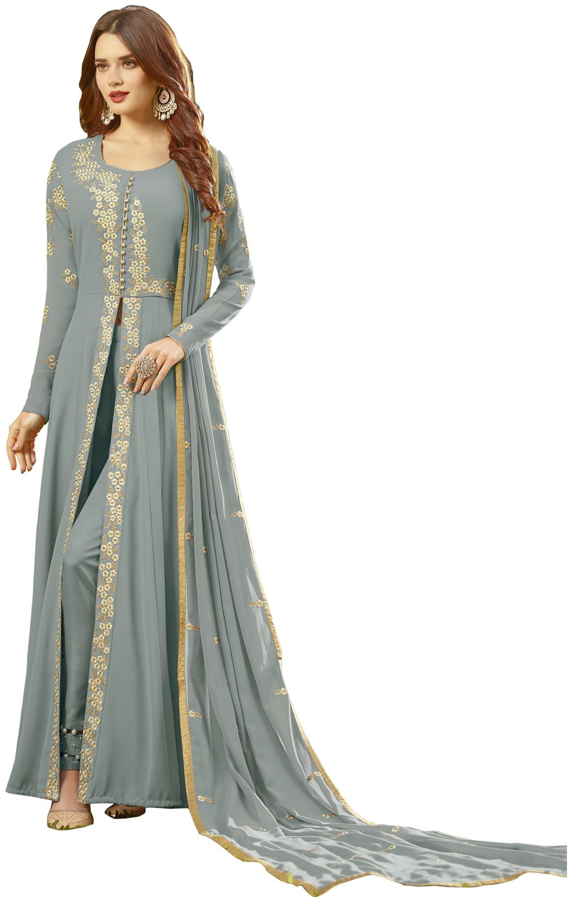 

YOYO Fashion Grey Georgette Embroidered Anarkali Suit