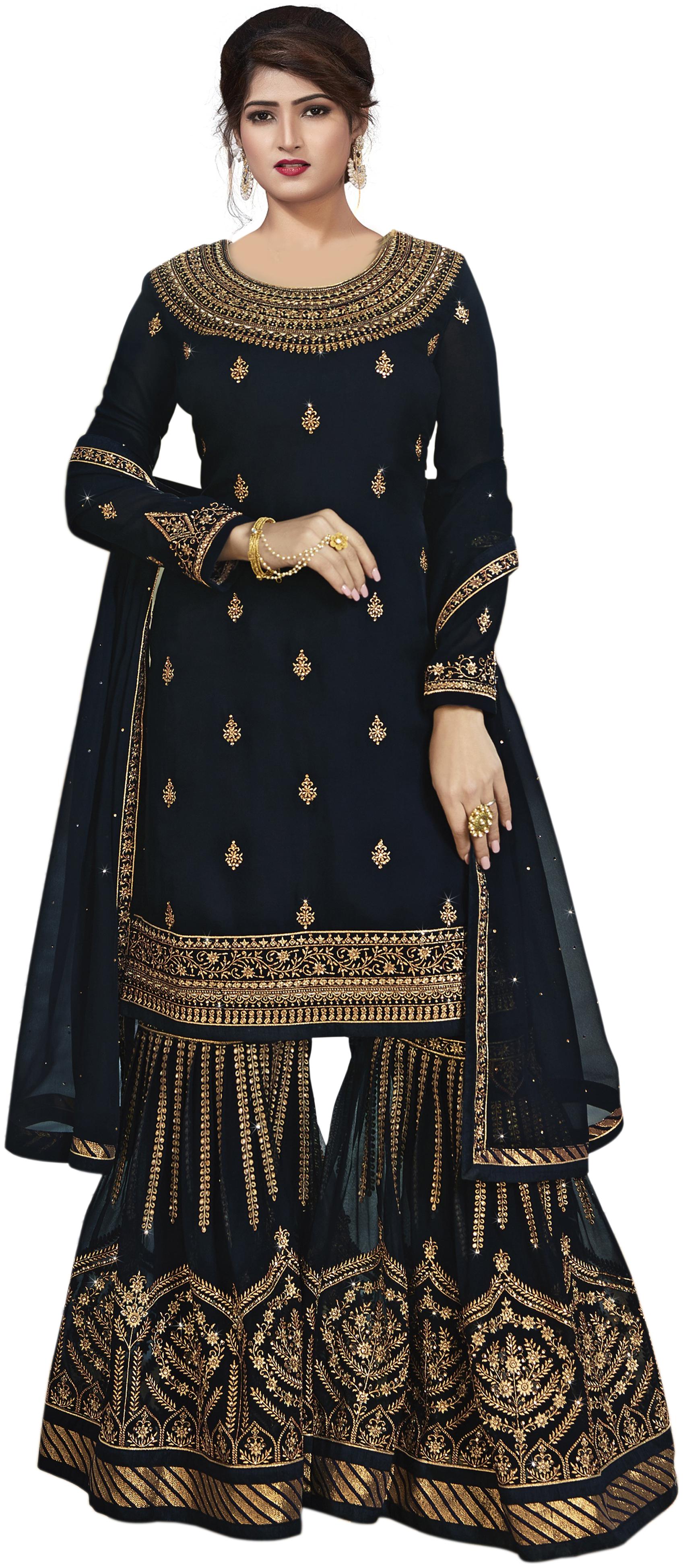 

YOYO Fashion Navy Blue Embroidered Semi-Stitched Sharara Suit With Dupatta For Women