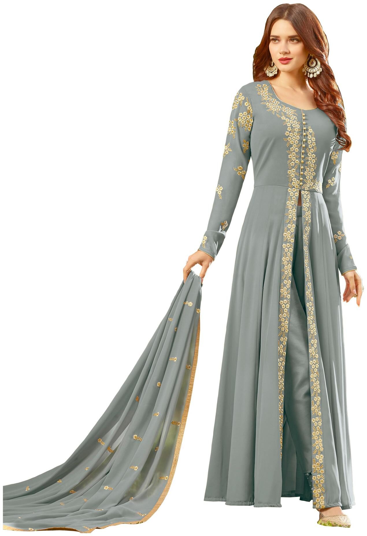

YOYO Fashion Women Georgette Grey Gown With Dupatta