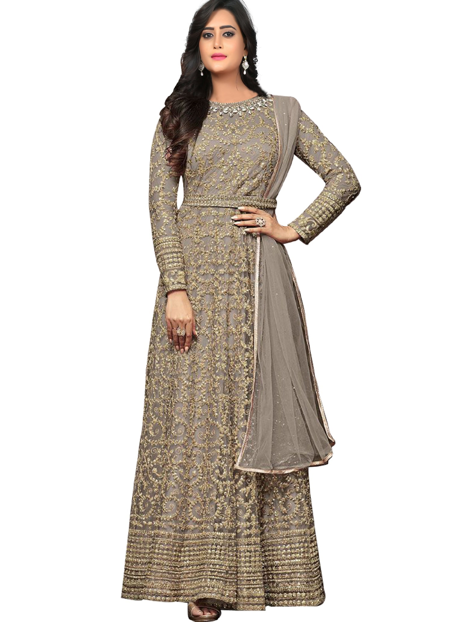 

YOYO Fashion Nylon Net Grey Anarkali Salwar Suits With Dupatta
