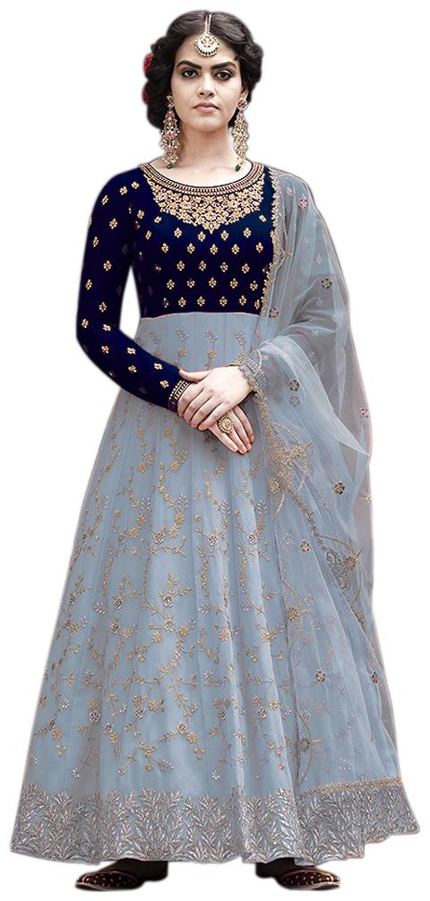 

YOYO Fashion Blue Georgette Embroidered Semi-Stitched Kurta With Bottom Dupatta