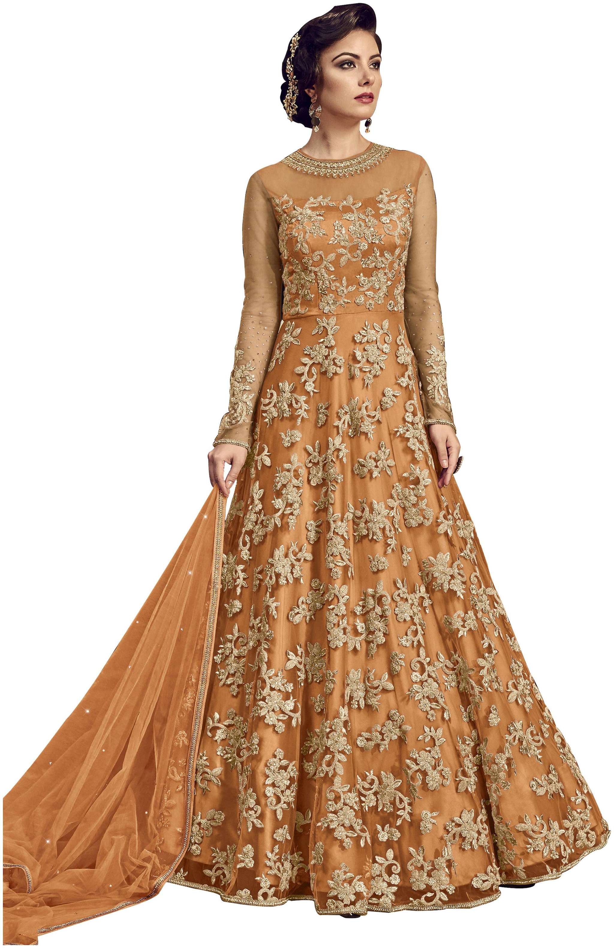 

YOYO Fashion Nylon Net Orange Embroidery Anarkali