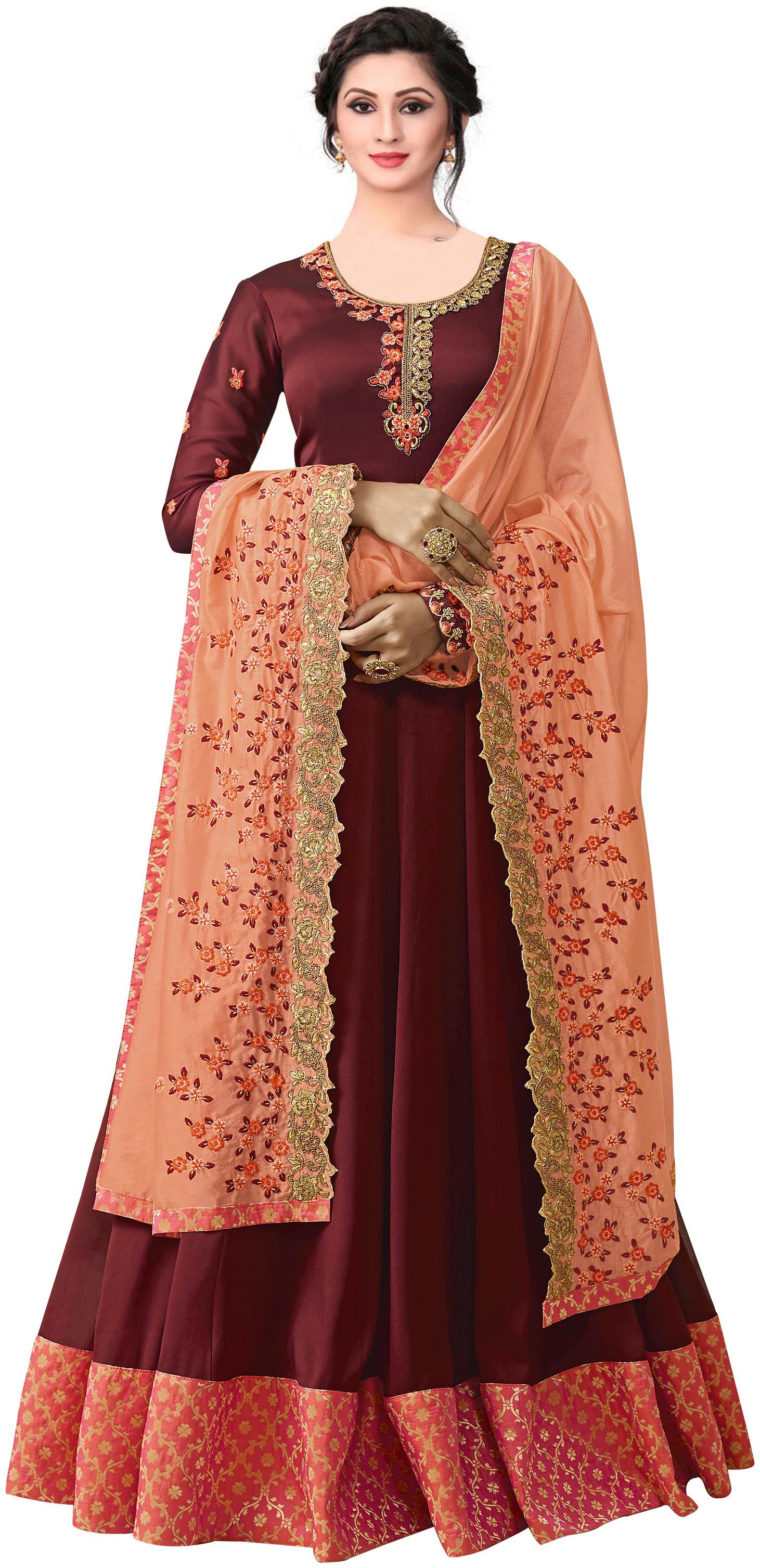 

YOYO Fashion Silk Embroidered Maroon Gown With Dupatta