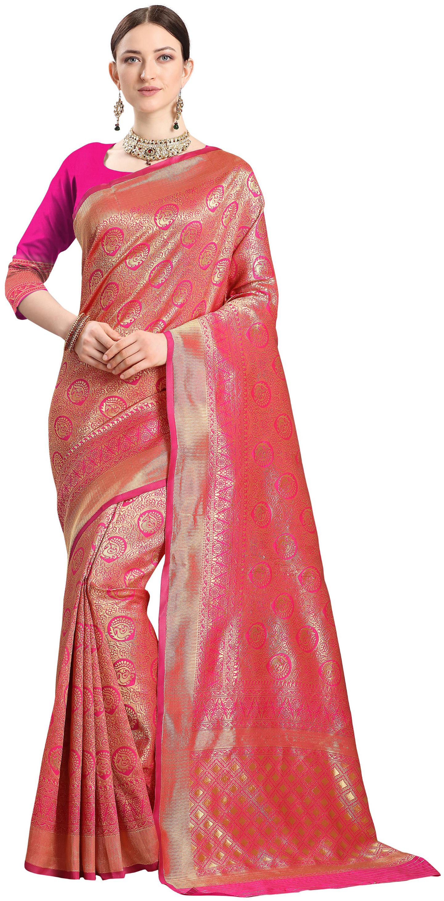 

YOYO Fashion Women Jacquard Designer Saree With Blouse Piece -Pink