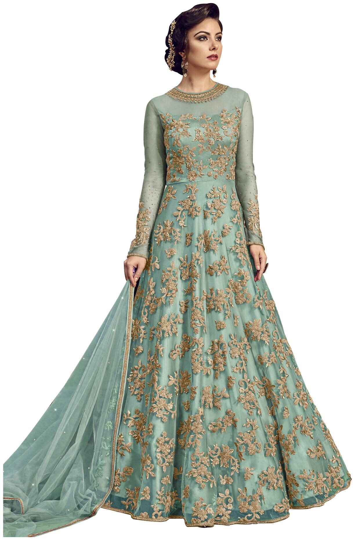 

YOYO Fashion Nylon Net Sky Blue Anarkali Salwar Suits With Dupatta