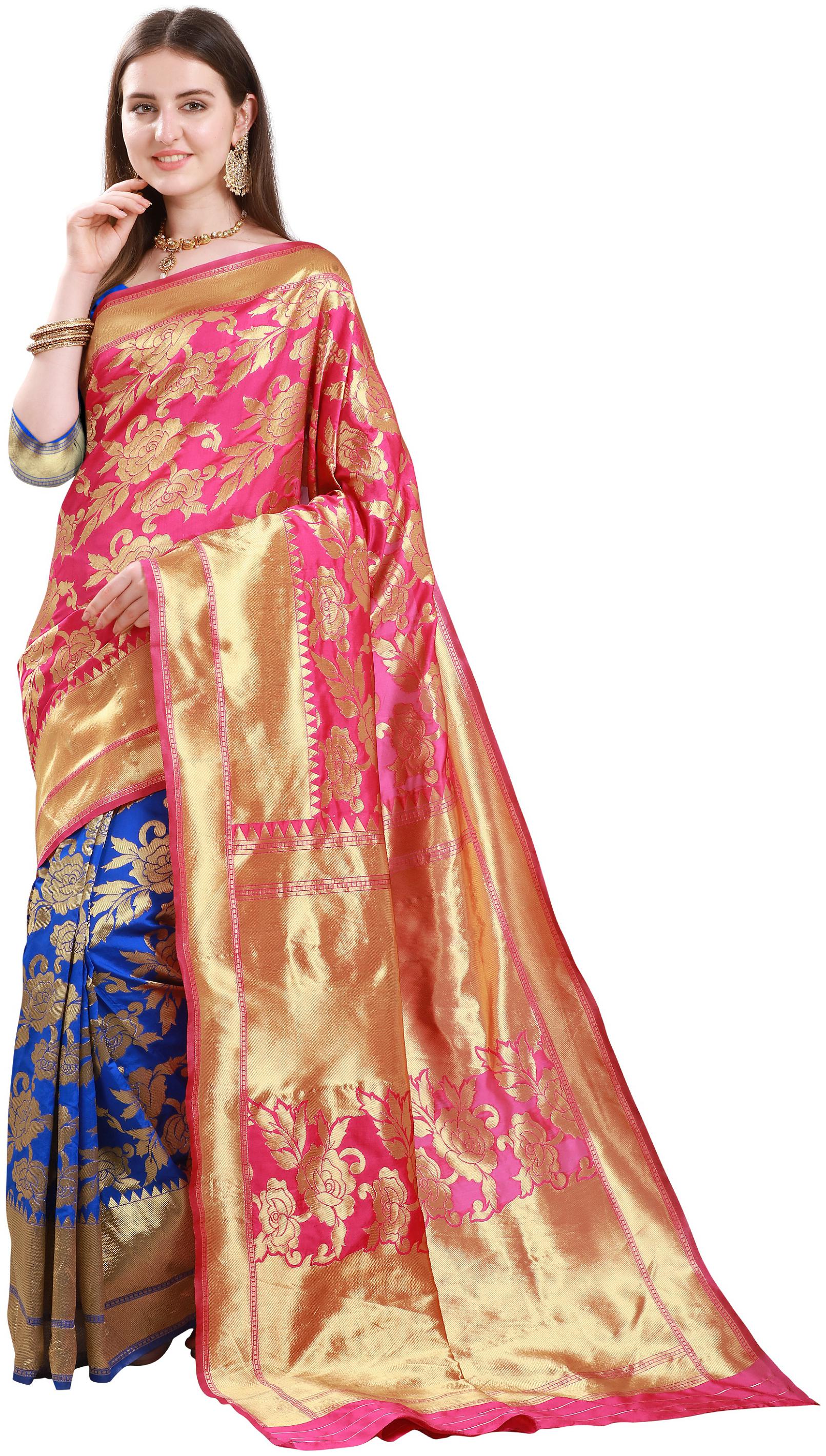 

YOYO Fashion Women Jacquard Designer Saree With Blouse Piece -Peach Blue