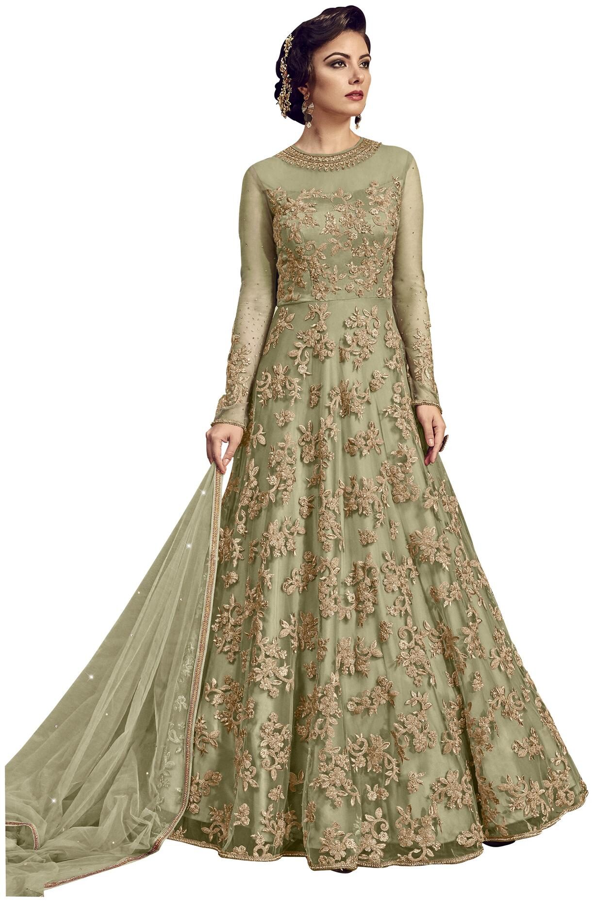 

YOYO Fashion Net Embroidered Anarkali Gown Green