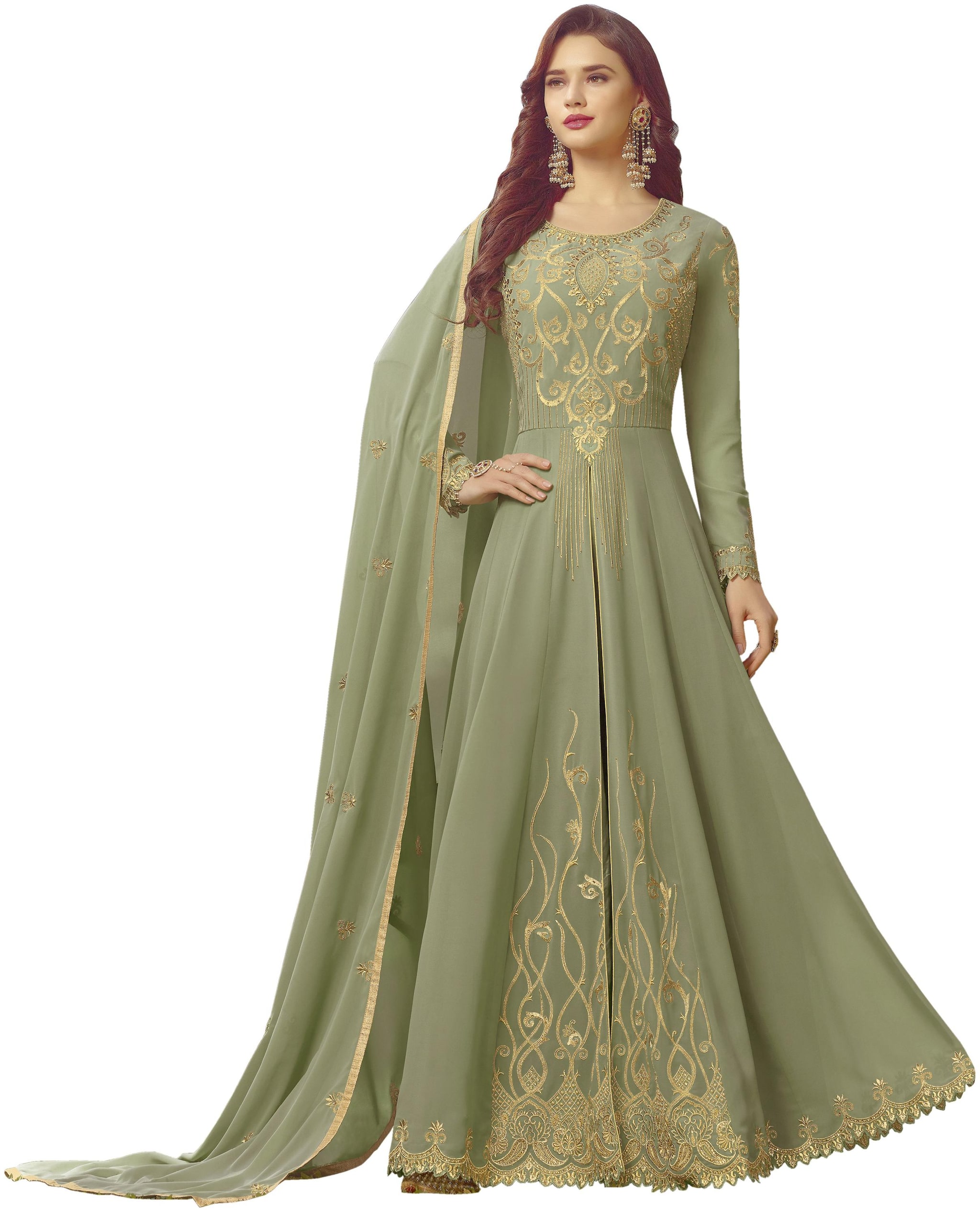 

YOYO Fashion Faux Georgette Light Green Anarkali Salwar Suits With Dupatta