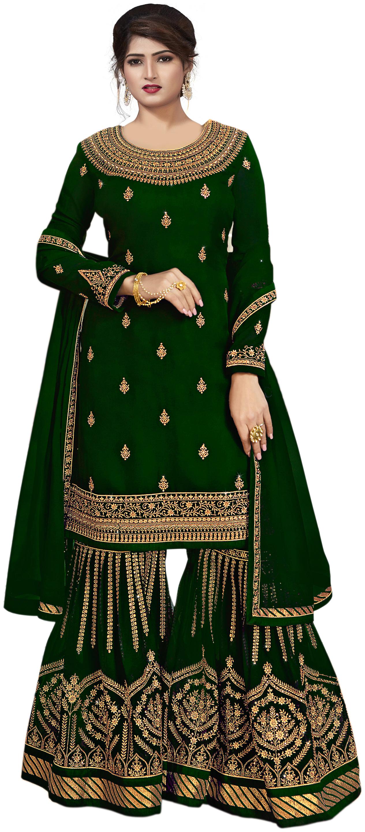 

YOYO Fashion Green Embroidered Semi-Stitched Sharara Suit With Dupatta For Women