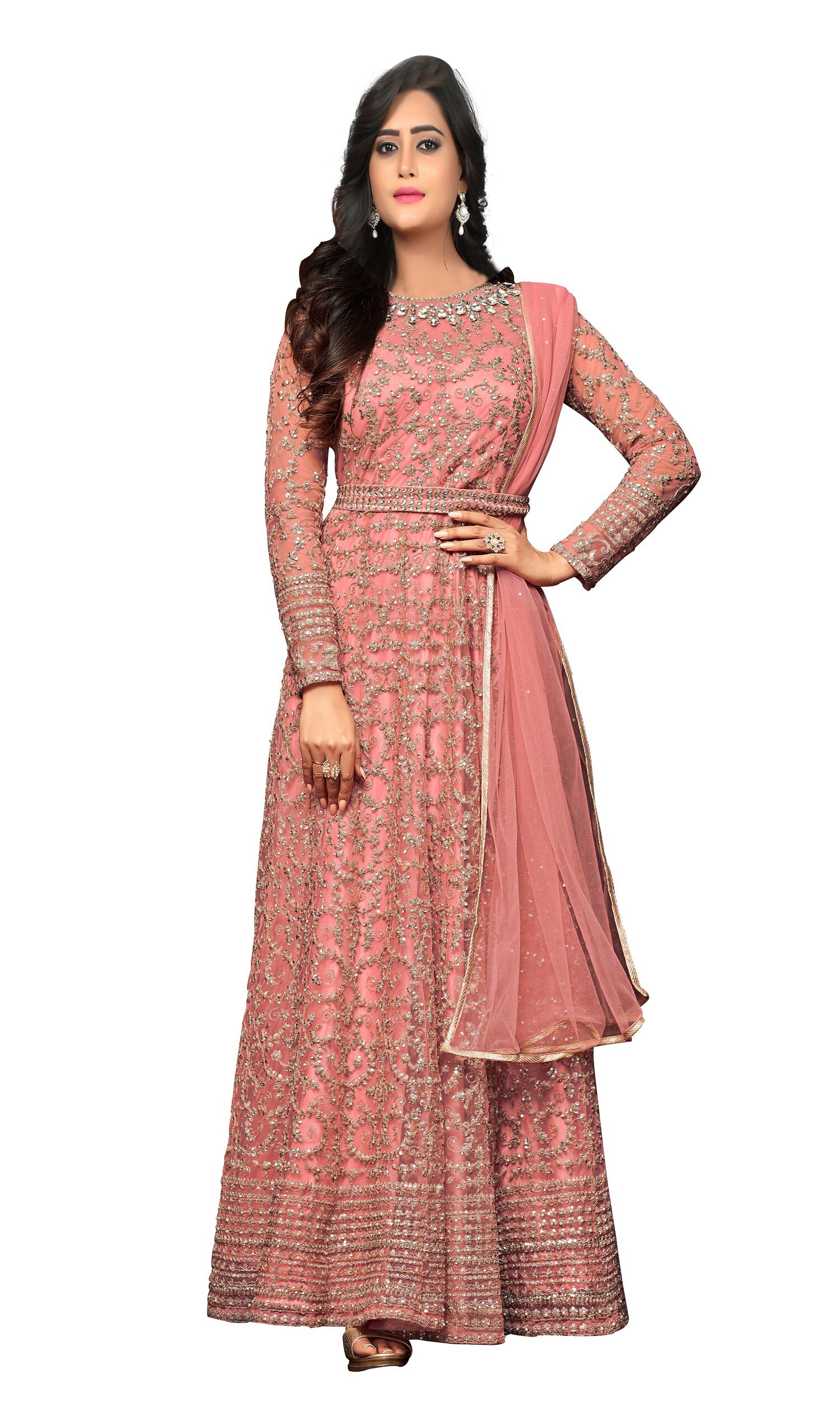 

YOYO Fashion Nylon Net Orange Anarkali Salwar Suits With Dupatta
