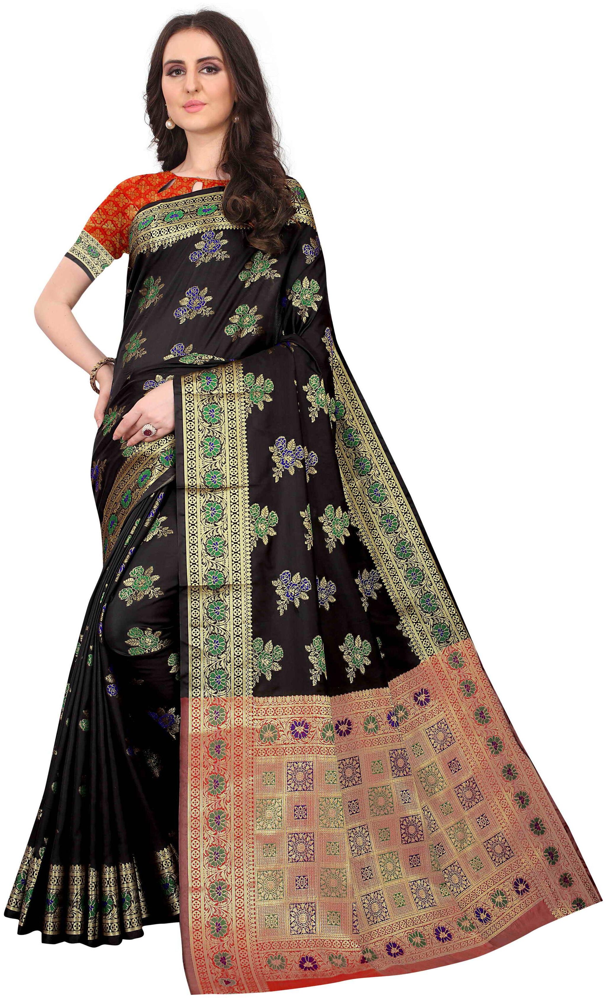 

YOYO Fashion Women Jacquard Designer Saree With Blouse Piece -Black