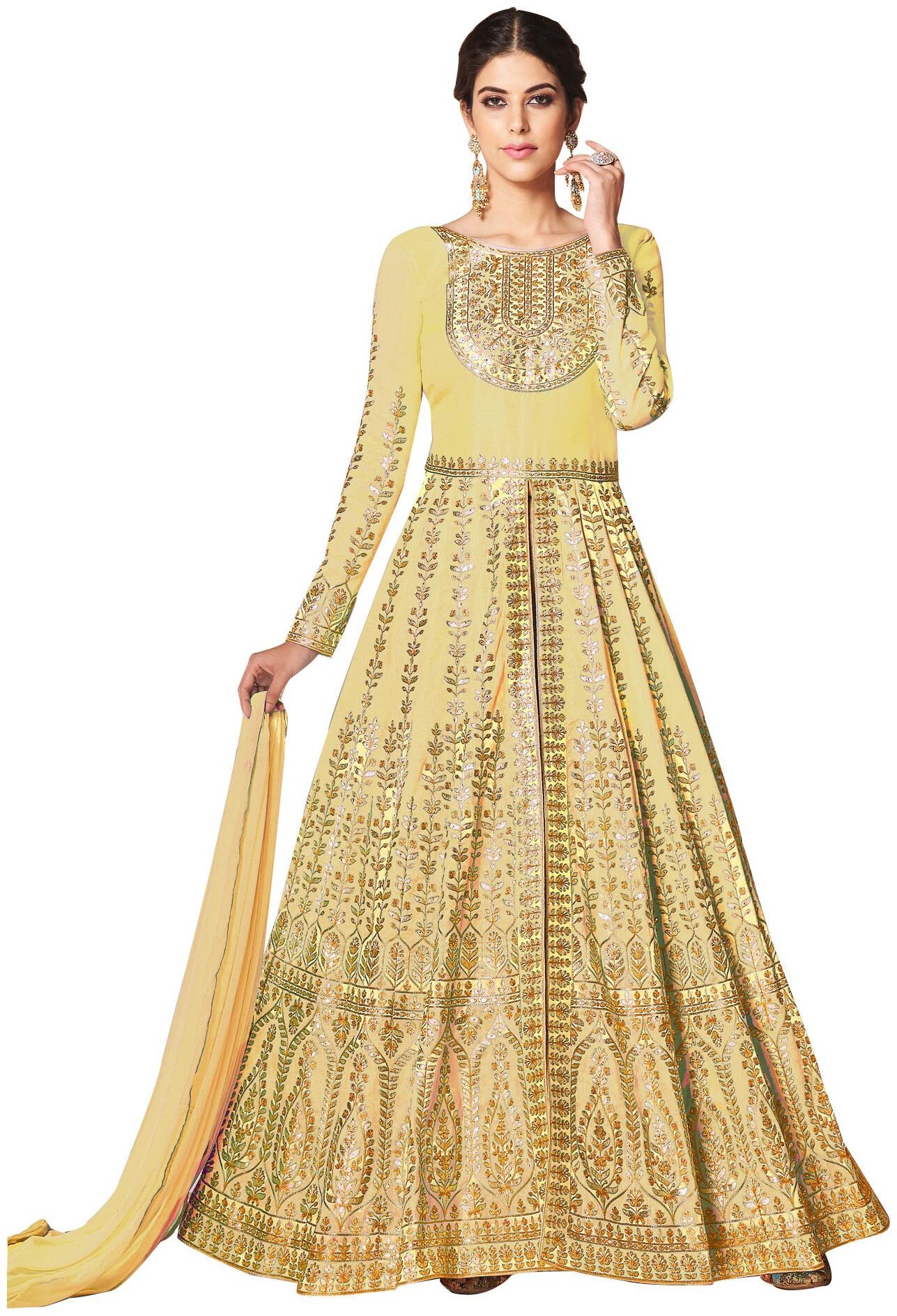 

YOYO Fashion Yellow Embroidered Semi-Stitched Anarkali Salwar Suit With Dupatta For Women
