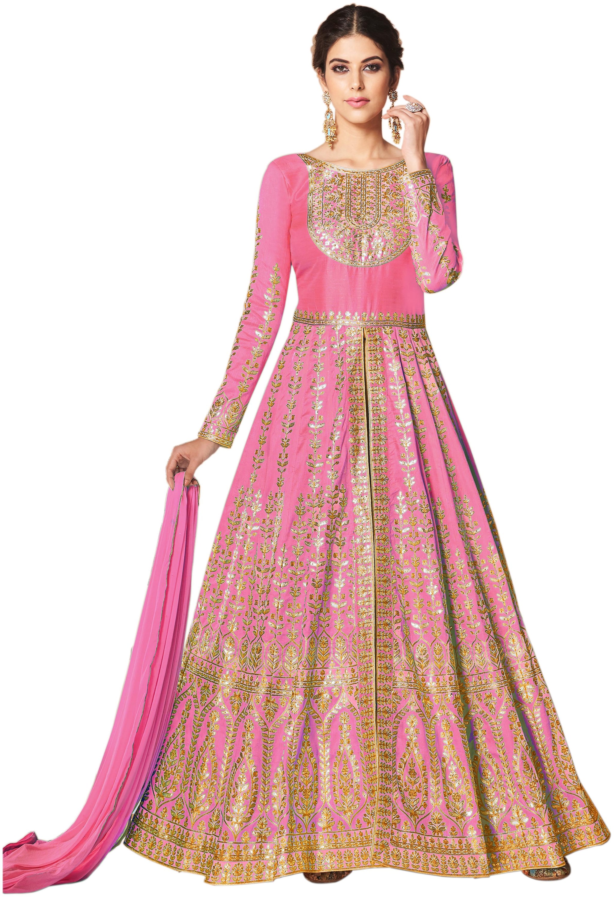 

YOYO Fashion Pink Embroidered Semi-Stitched Anarkali Salwar Suit With Dupatta For Women