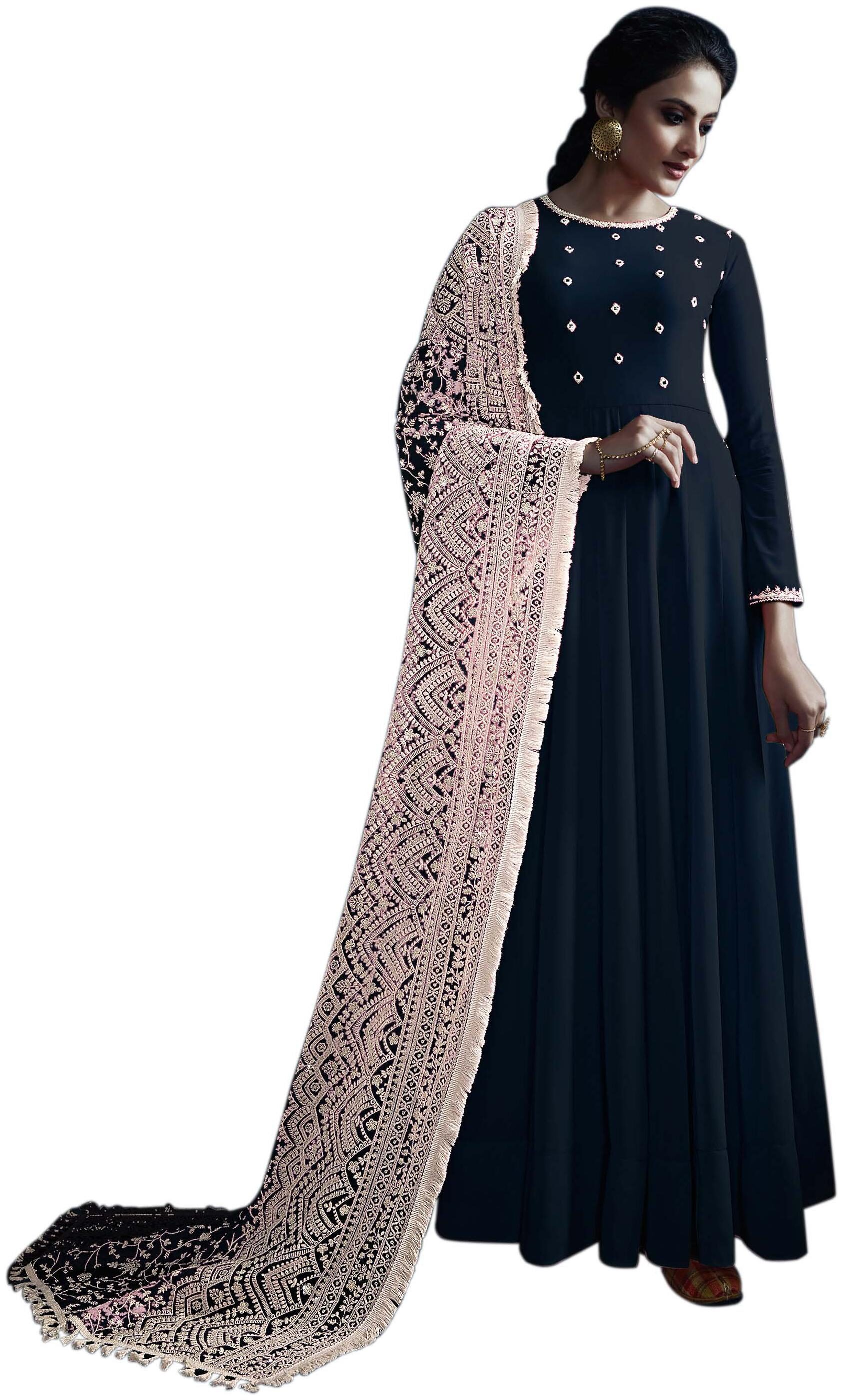

YOYO Fashion Navy Blue Georgette Embroidered Dress Material
