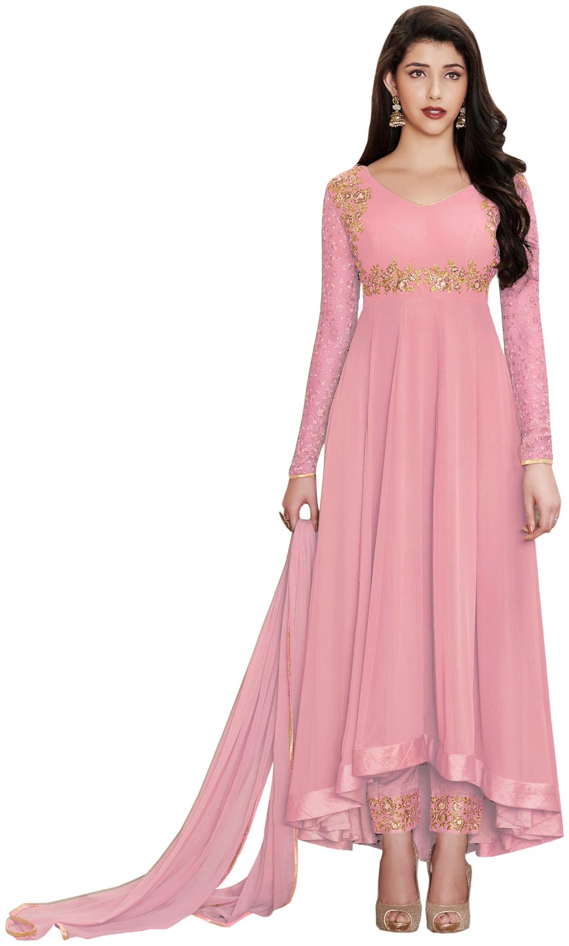 

YOYO Fashion Faux Georgette Pink Anarkali Semi-Stitched Salwar Suit With Dupatta