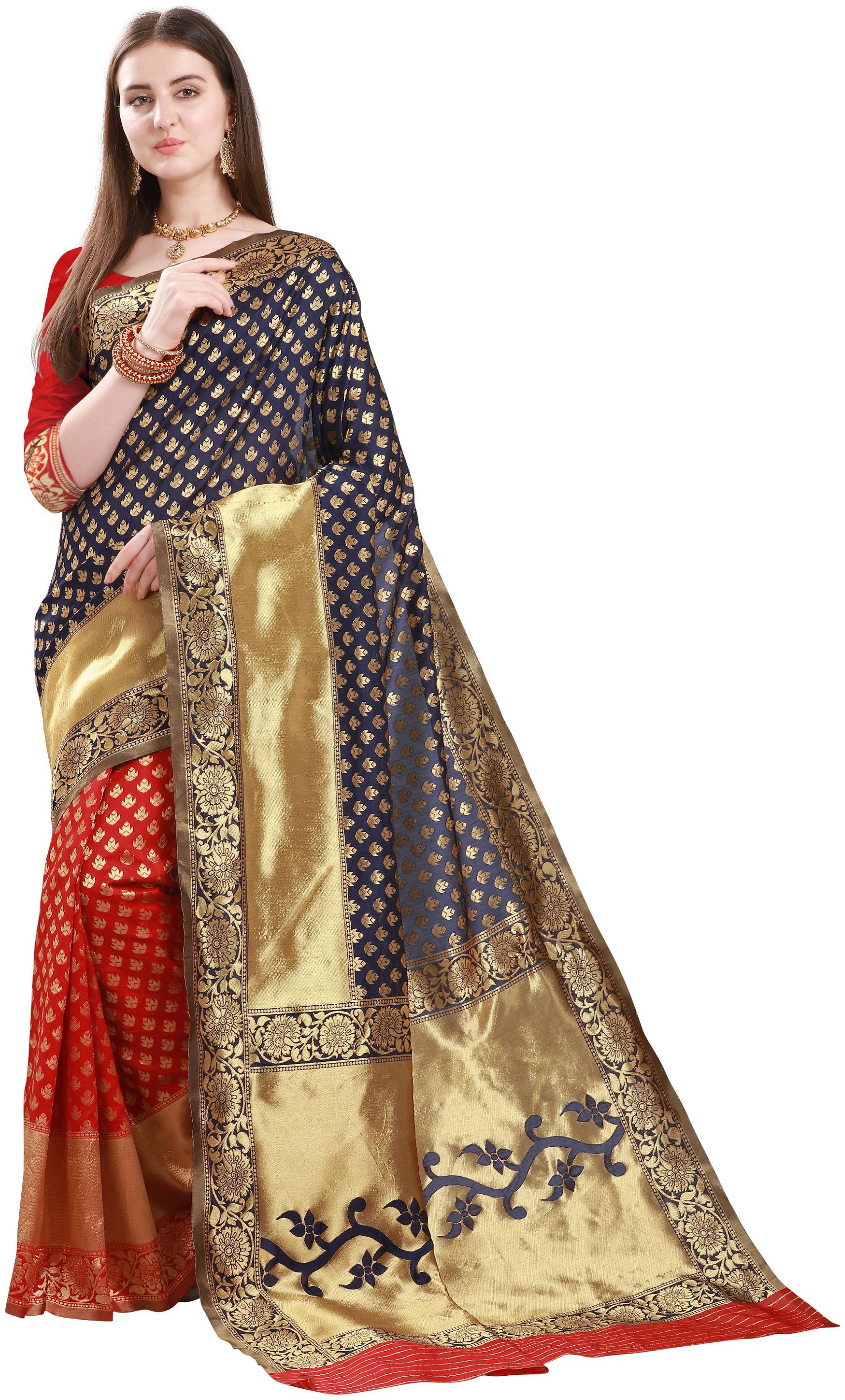 

YOYO Fashion Women Jacquard Designer Saree With Blouse Piece -Blue Red
