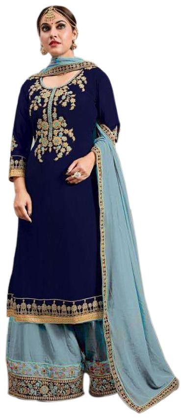 

YOYO Fashion Blue Georgette Embroidered Dress Material