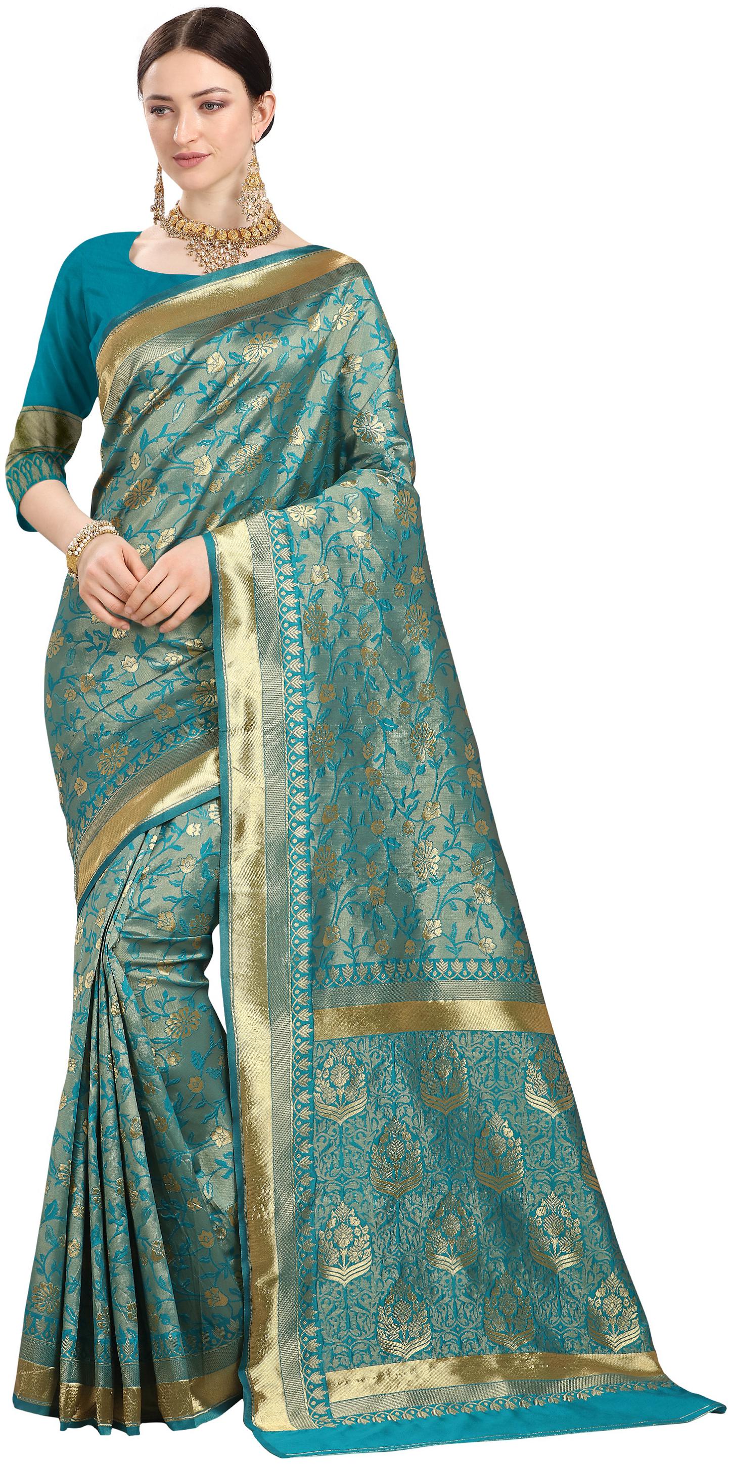 

YOYO Fashion Women Jacquard Designer Saree With Blouse Piece -Turquoise