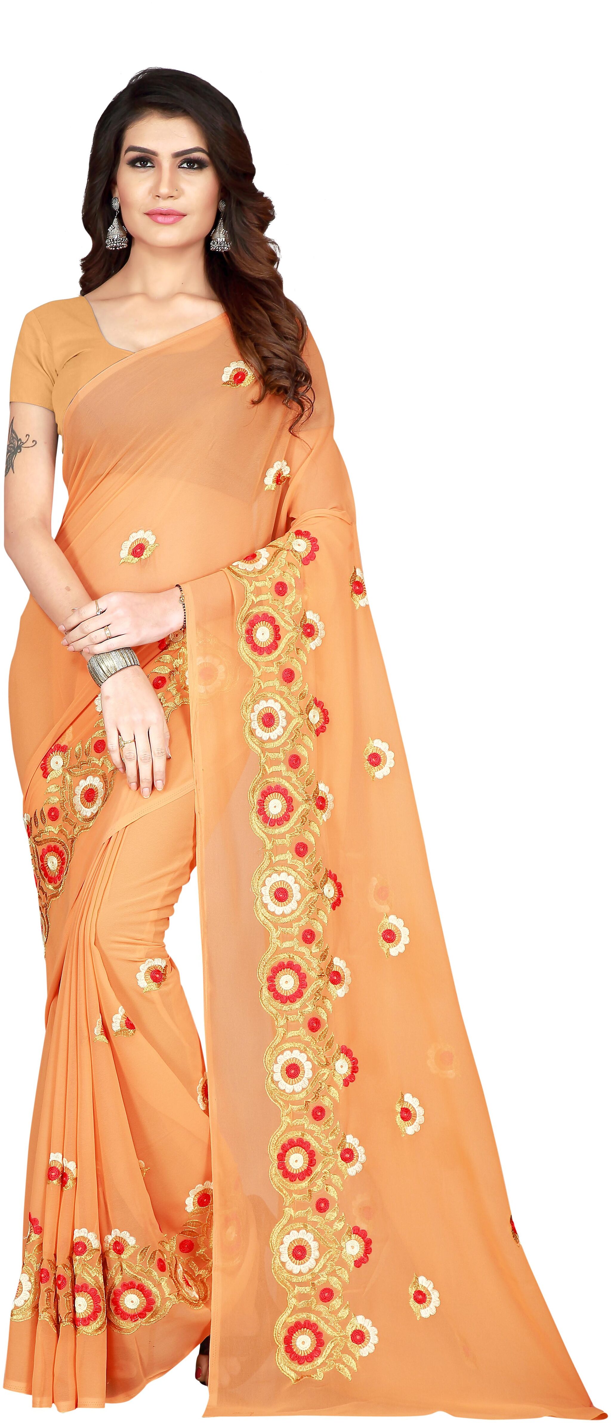 

YOYO Fashion Georgette Designer Saree Women Embroidered Work Orange