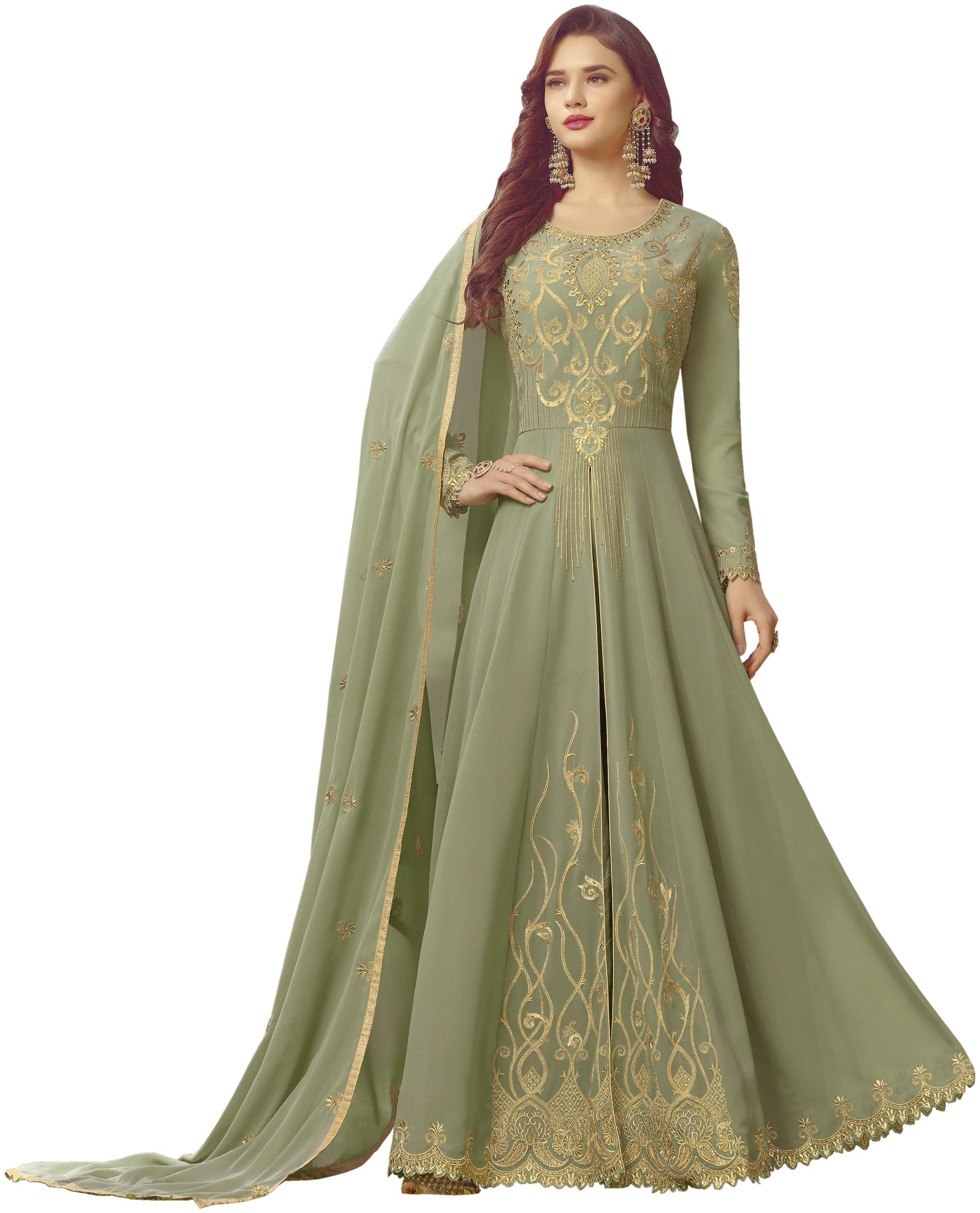

YOYO Fashion Georgette Embroidered Anarkali Gown Green