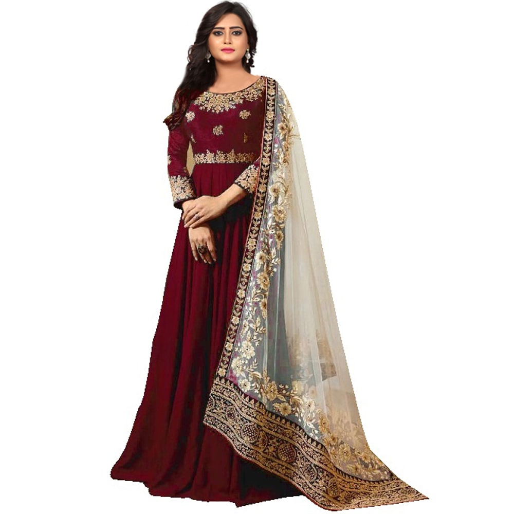 

YOYO Fashion Faux Georgette Red Embroidered Anarkali Semi-Stitched Salwar Suits With Dupatta