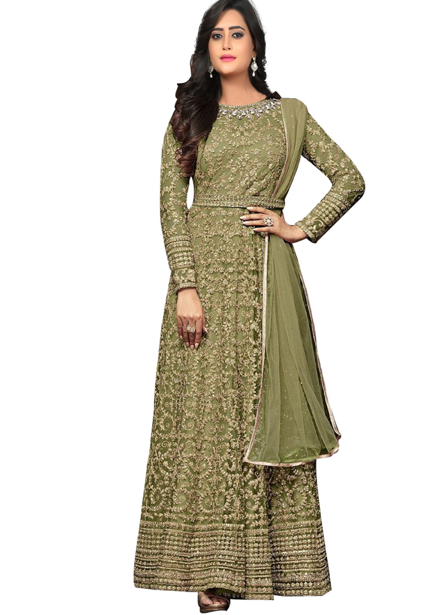 

YOYO Fashion Nylon Net Light Green Anarkali Salwar Suits With Dupatta