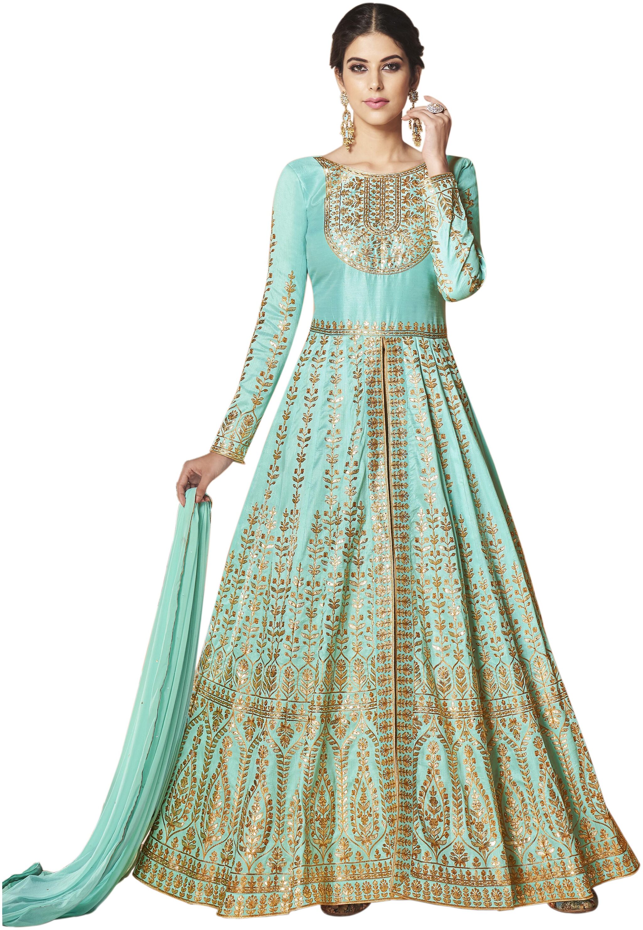 

YOYO Fashion Blue Embroidered Semi-Stitched Anarkali Salwar Suit With Dupatta For Women