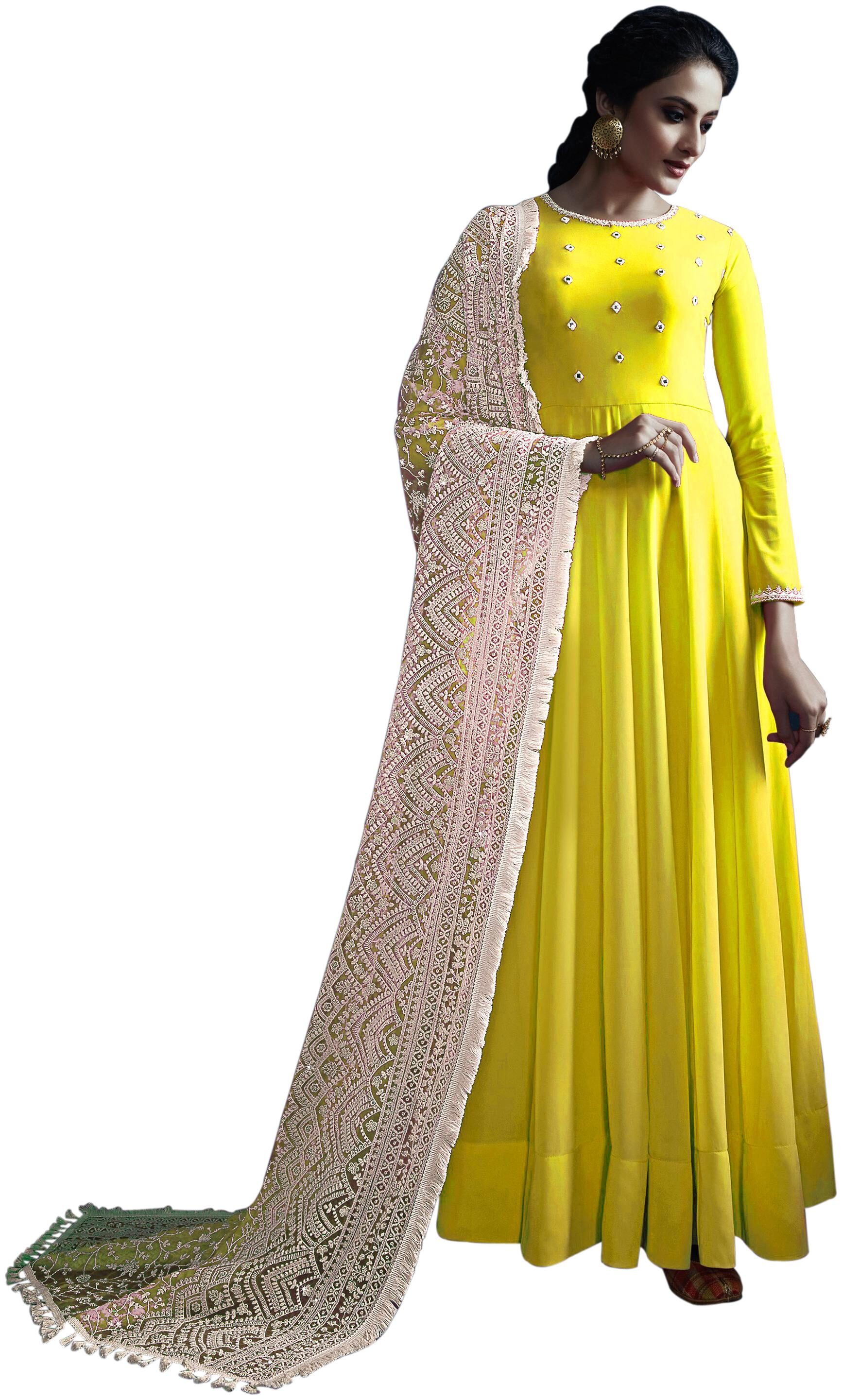 

YOYO Fashion Yellow Georgette Embroidered Dress Material