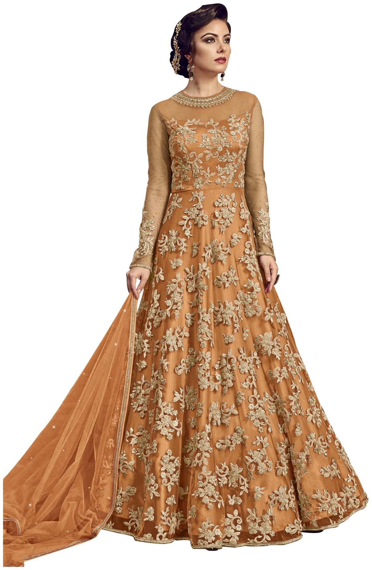 

YOYO Fashion Women Net Orange Gown With Dupatta