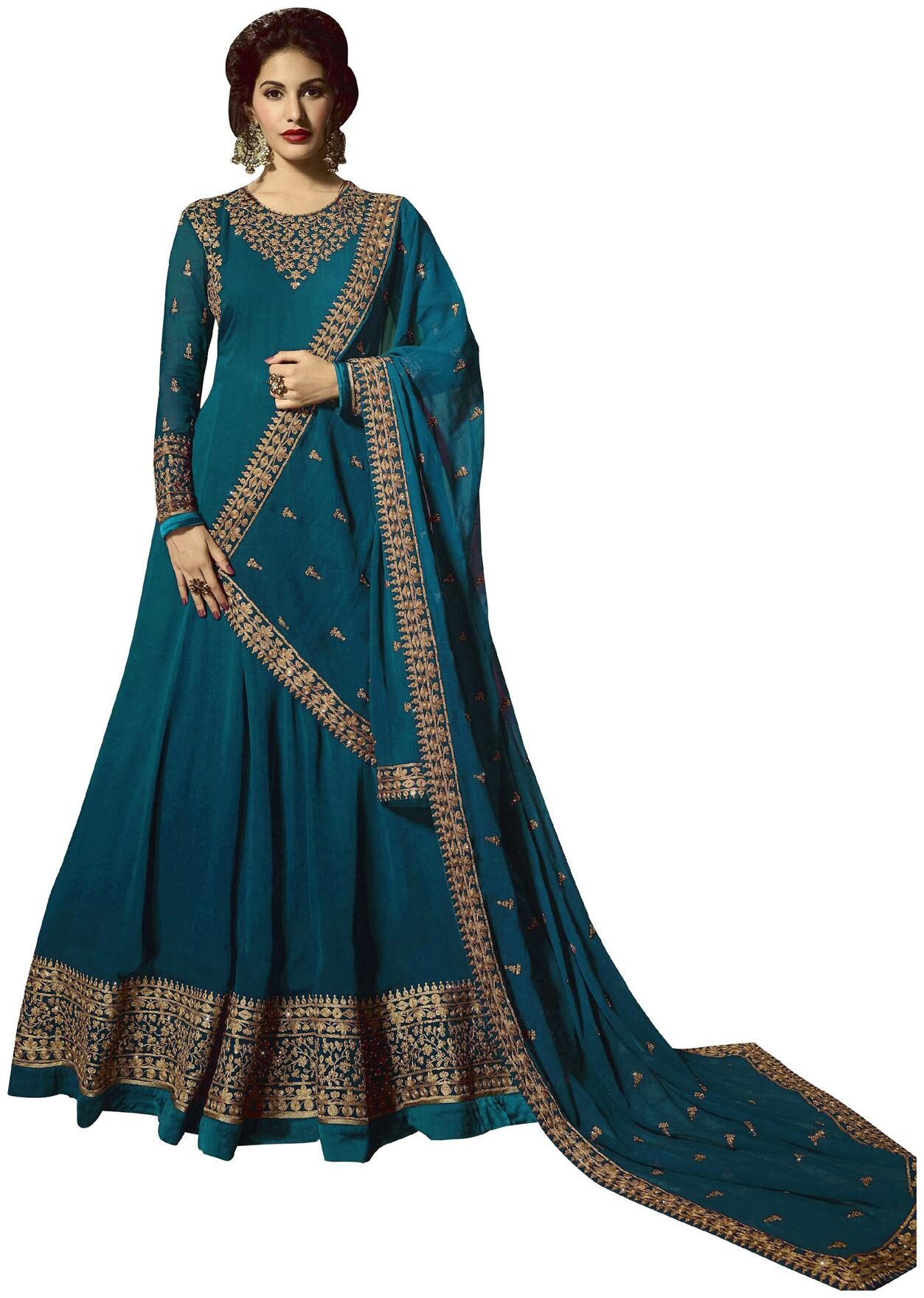 

YOYO Fashion Georgette Turquoise Embroidery Anarkali Semi-Stitched Salwar Suit