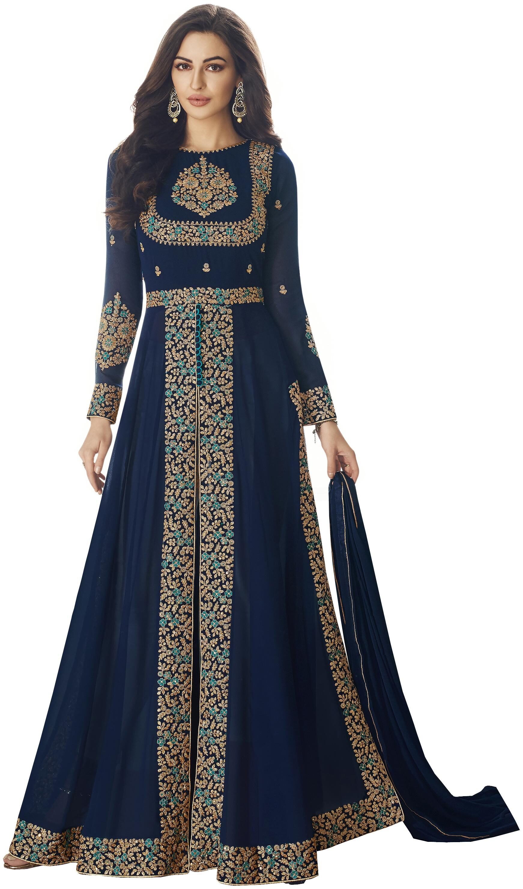 

YOYO Fashion Georgette Embroidered Blue Gwon With Duptta