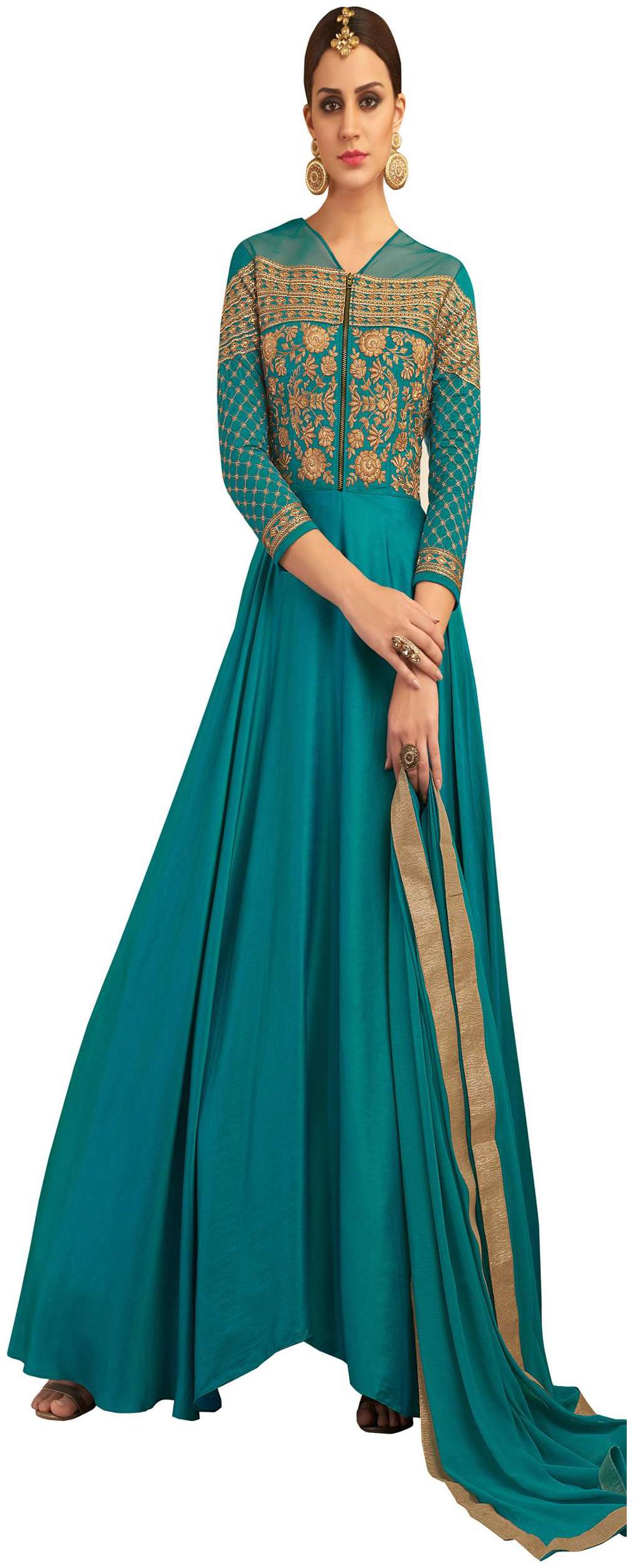

YOYO Fashion Semi-stitched Faux Silk Turquoise Anarkali Gown