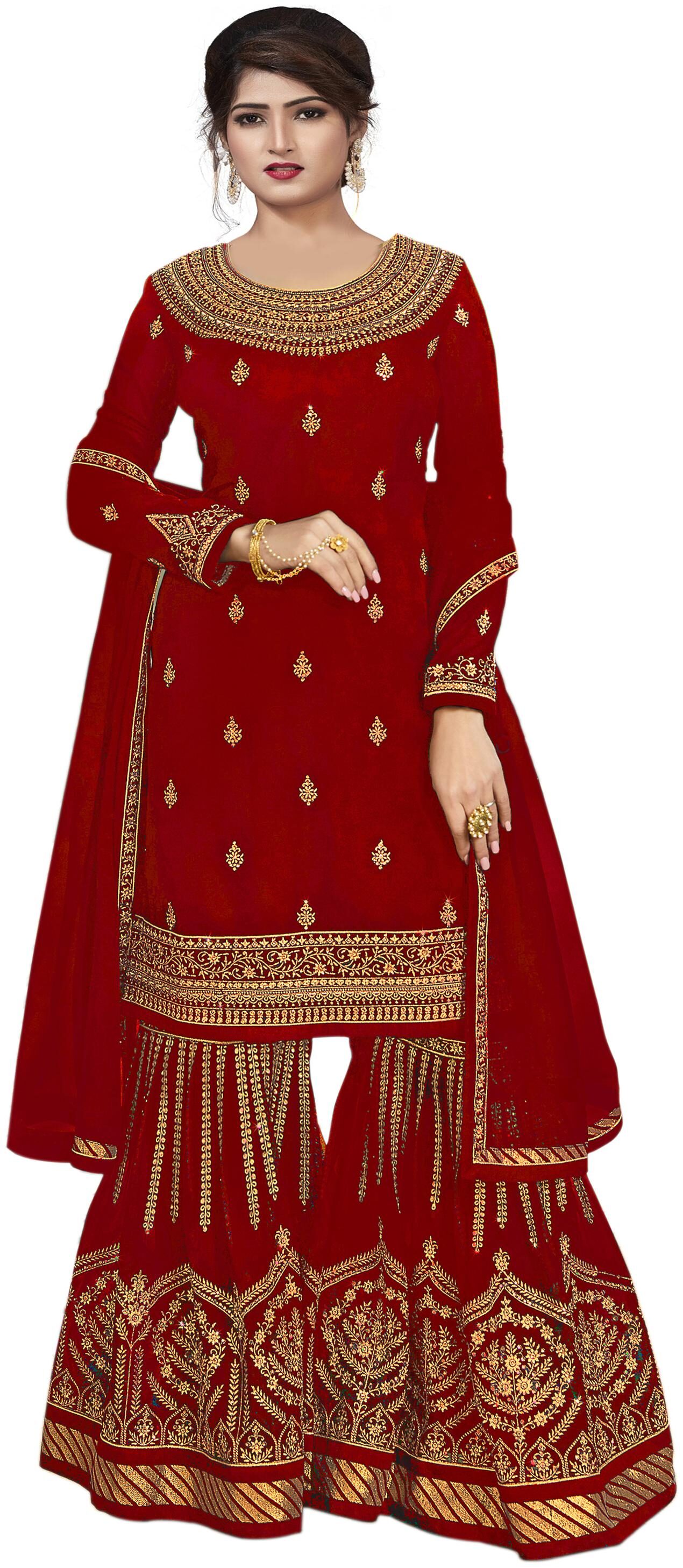 

YOYO Fashion Maroon Embroidered Semi-Stitched Sharara Suit With Dupatta For Women