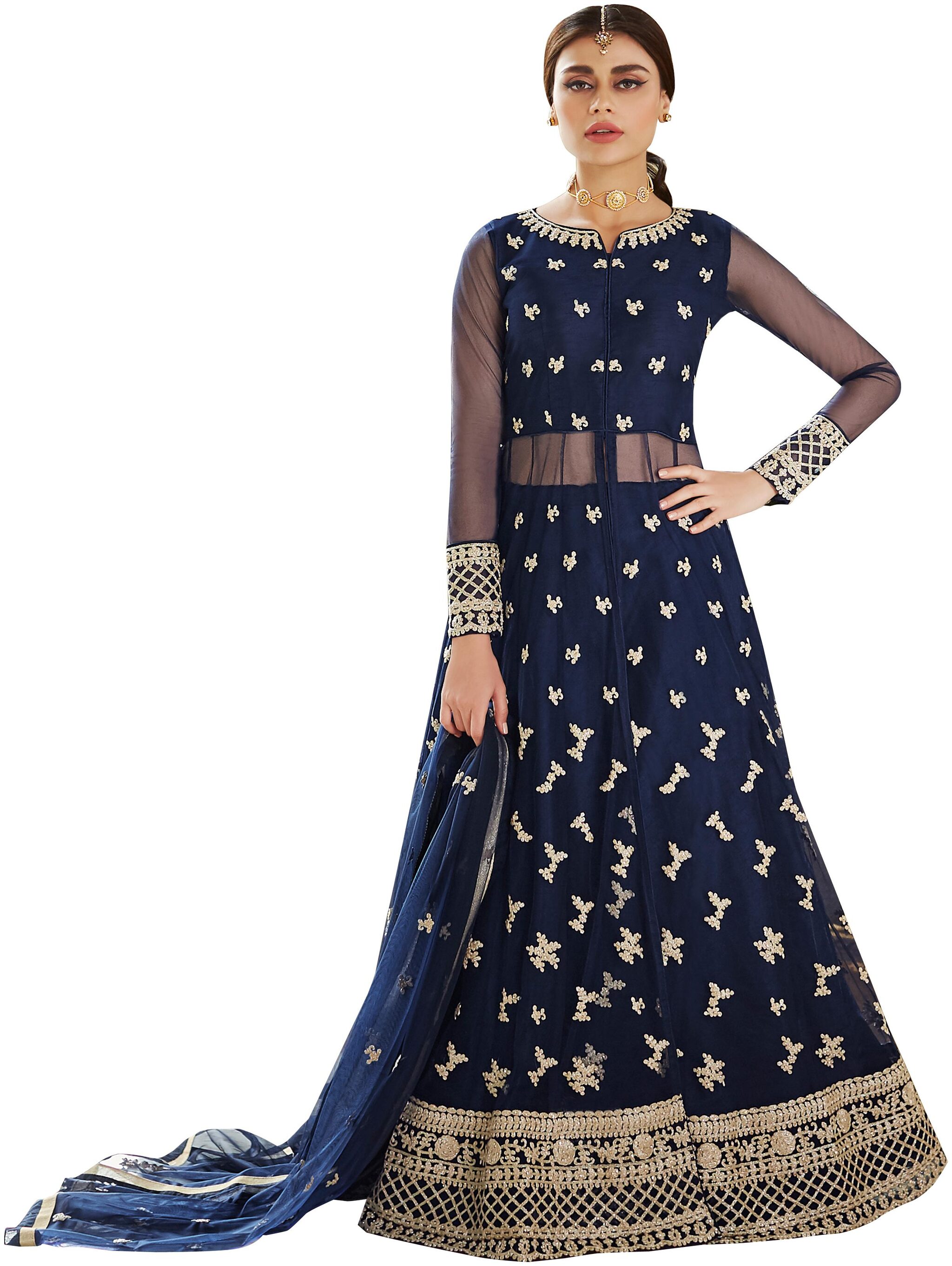 

YOYO Fashion Net Embroidered Blue Gwon With Duptta