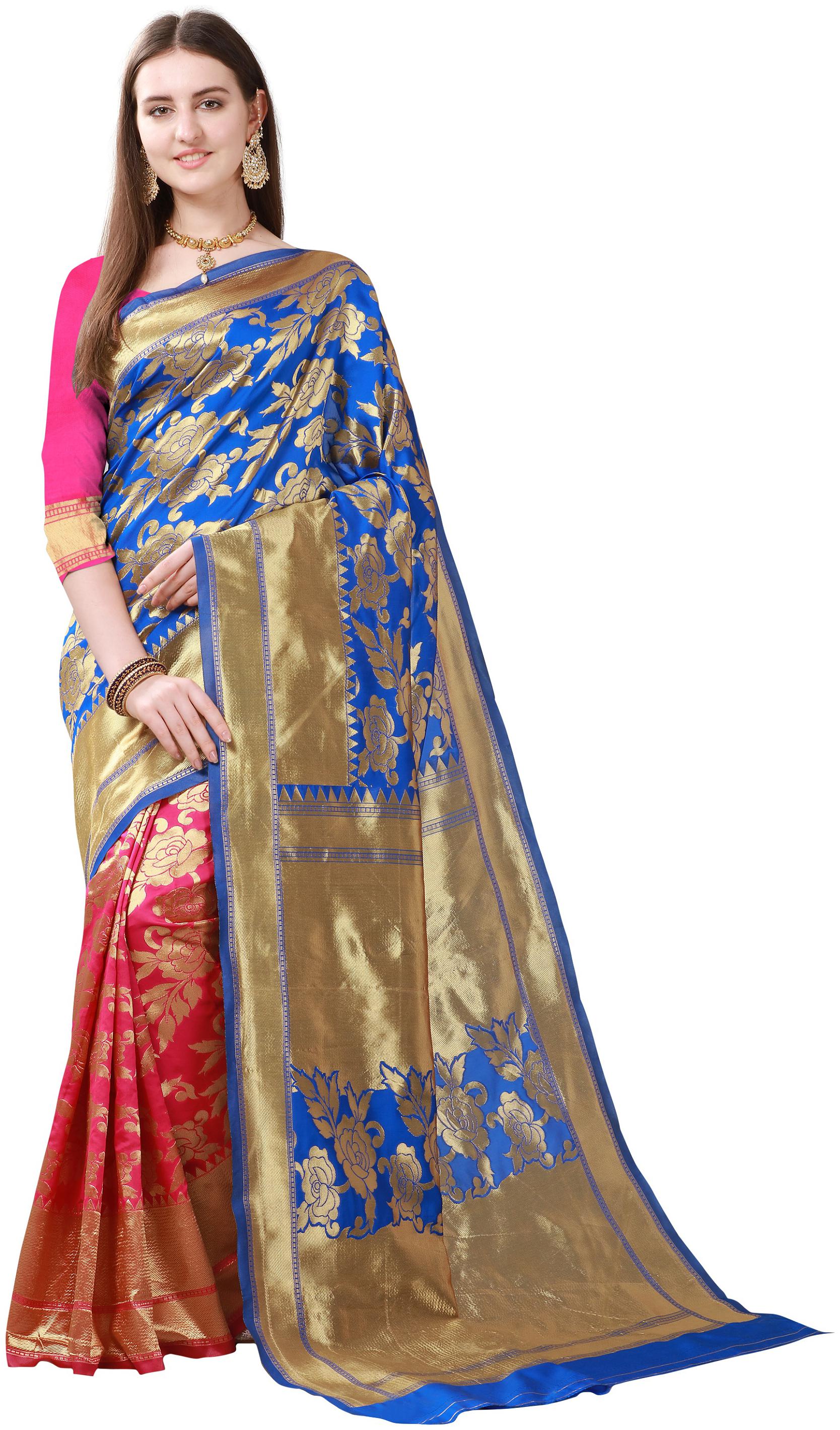 

YOYO Fashion Women Jacquard Designer Saree With Blouse Piece -Blue Pink