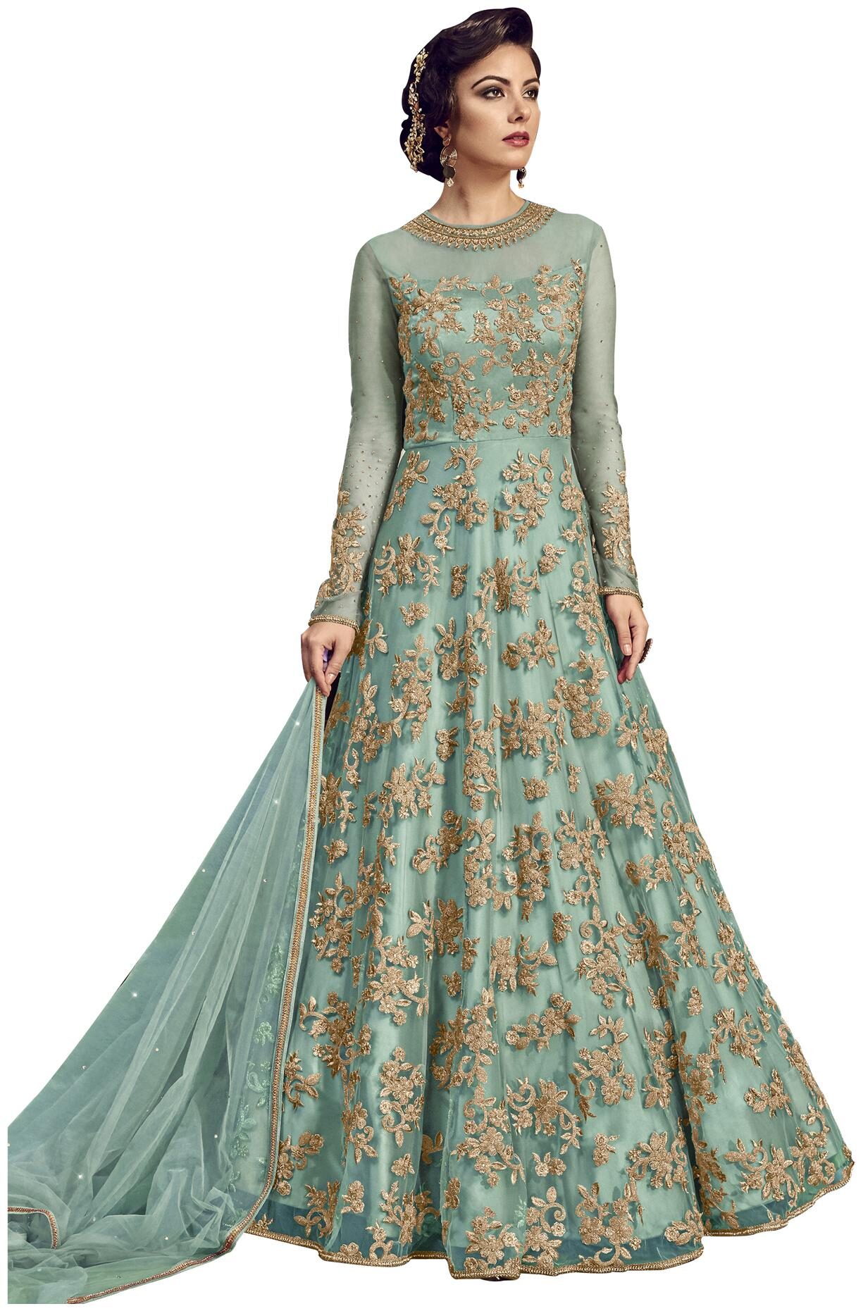 

YOYO Fashion Net Embroidered Anarkali Gown Blue