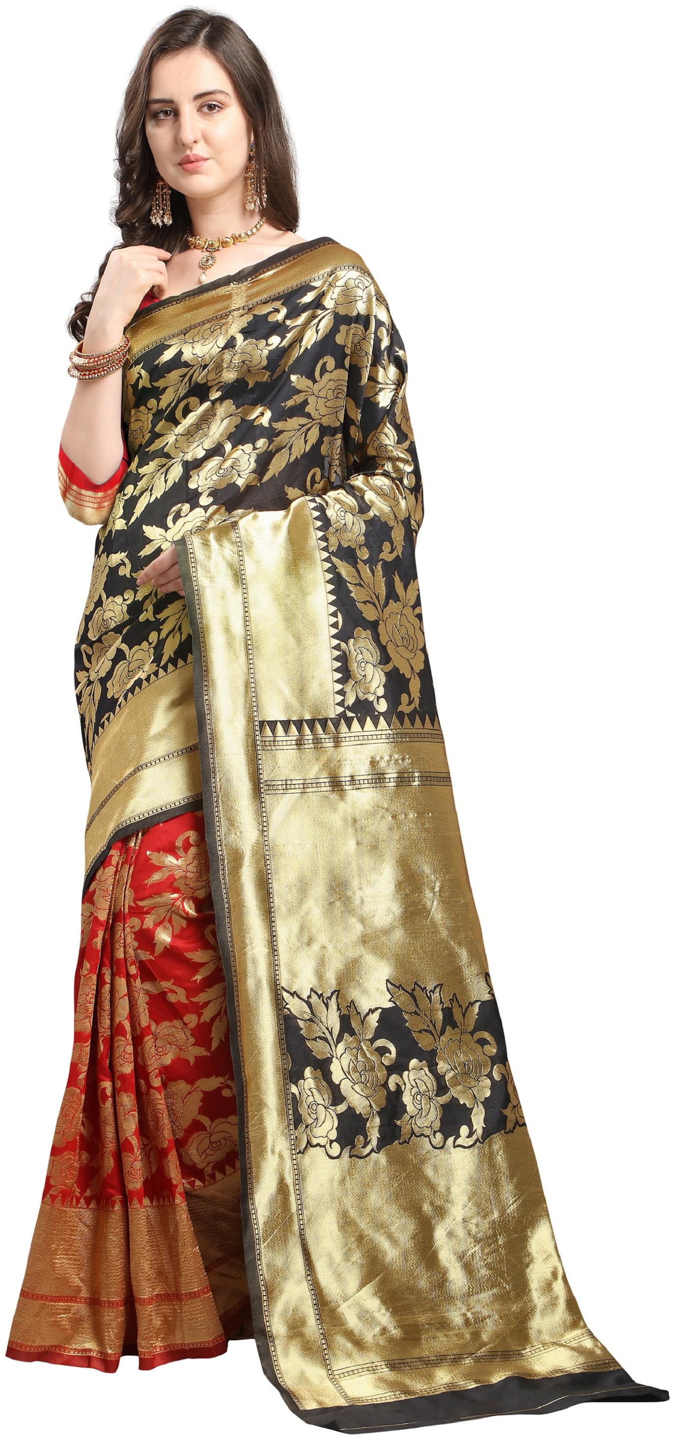 

YOYO Fashion Women Jacquard Designer Saree With Blouse Piece -Black Red