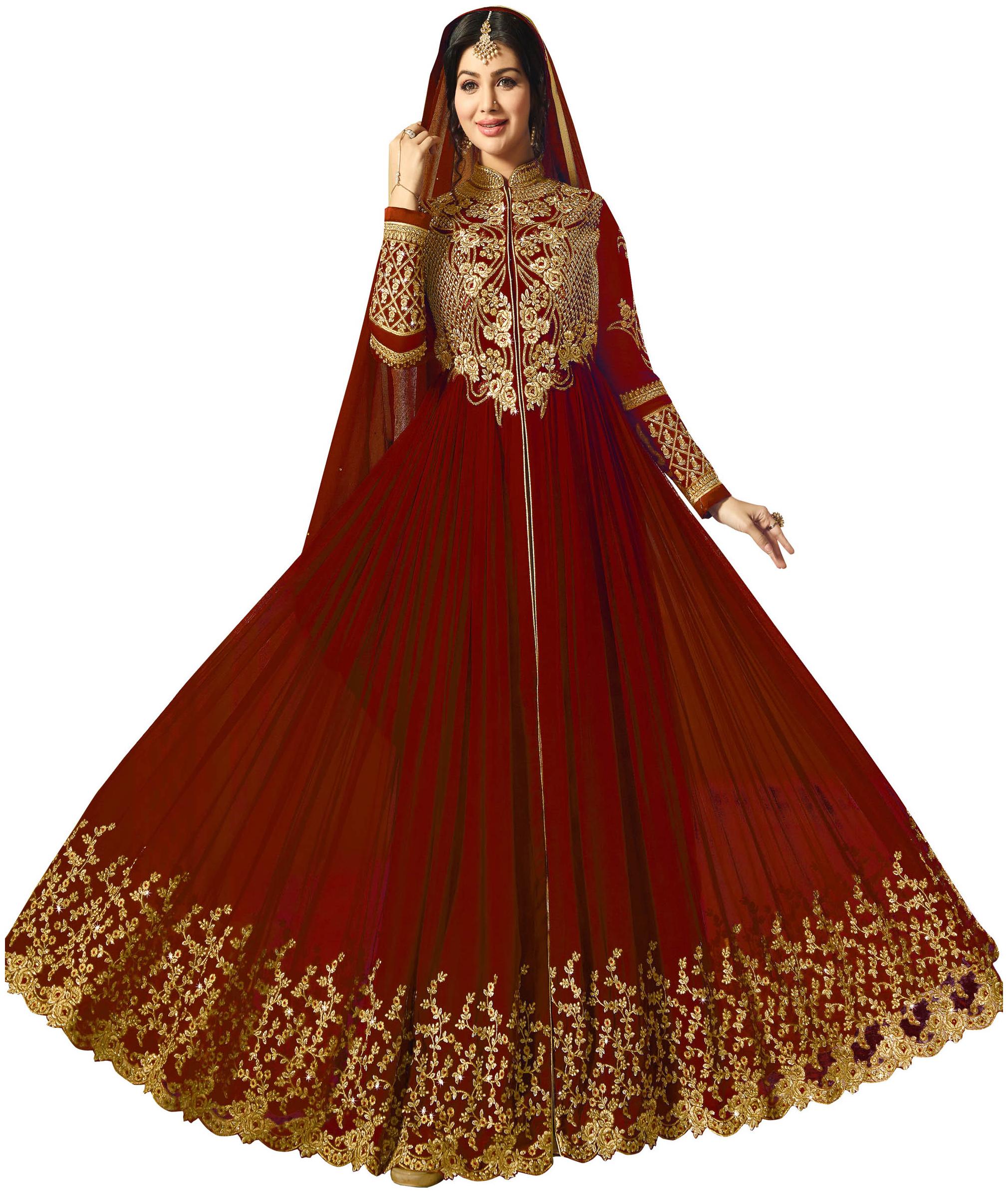 

YOYO Fashion Faux Georgette Red Embroidered Anarkali Semi-Stitched Salwar Suits With Dupatta