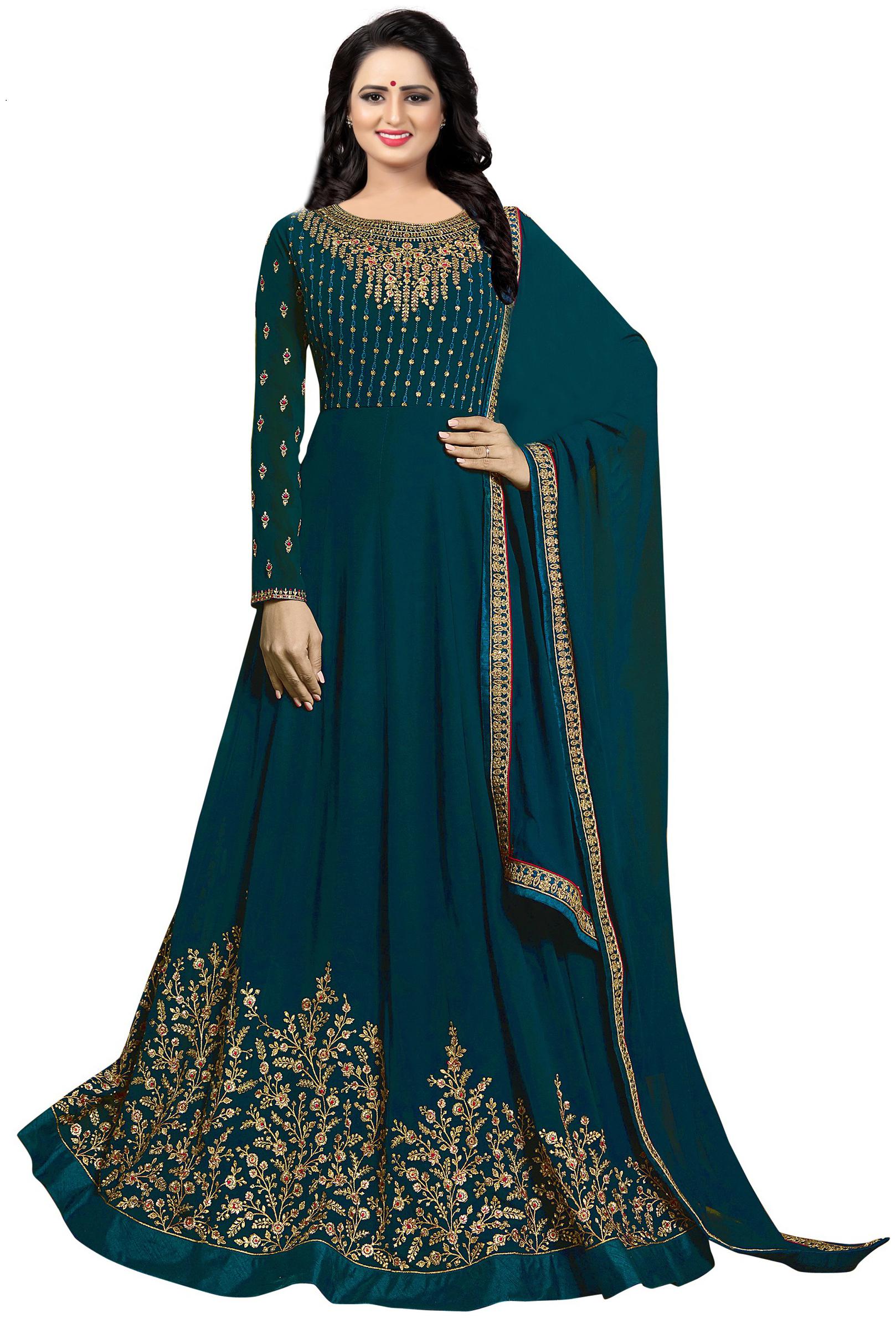 

YOYO Fashion Georgette Embroidered Turquoise Gown With Dupatta